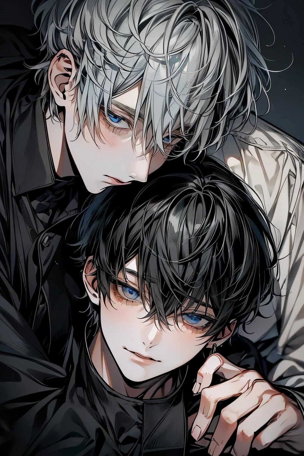 (Mastepiece), (Bestクォリティ), Very detailed, ((Two intimate men:1.5)), Perfect Face, Beautiful Face, Very detailedな顔,(Black-haired man:1.3),(Grey-haired man:1.3)、Cat ear、shirt、Best