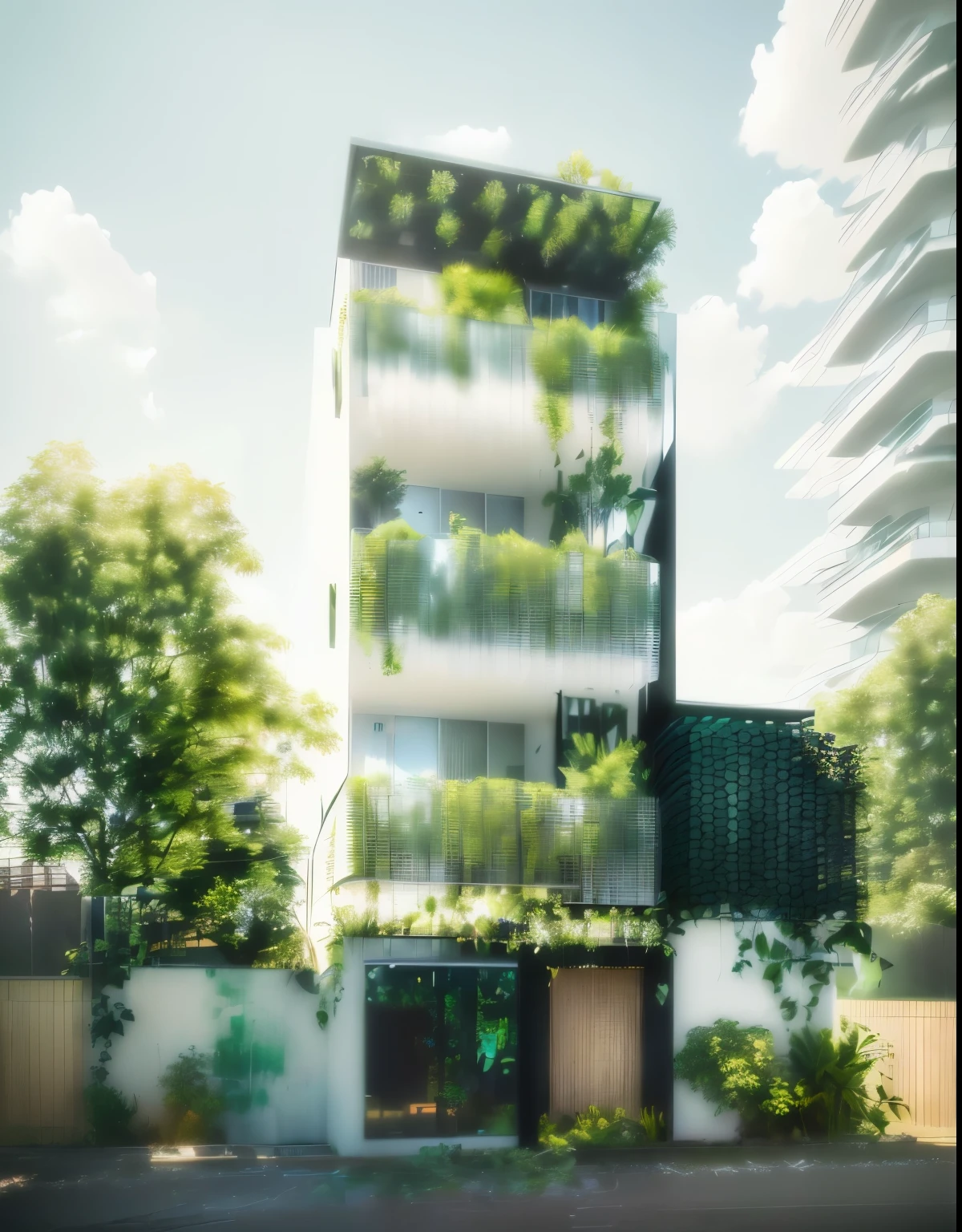 a beautiful modern green house with a two-layer facade, minimalist architecture, clean lines, large windows, natural lighting, sleek design, contemporary style, glass and steel construction, eco-friendly, serene landscape, lush green plants, (best quality,4k,8k,highres,masterpiece:1.2),ultra-detailed,(realistic,photorealistic,photo-realistic:1.37),architecture,landscape