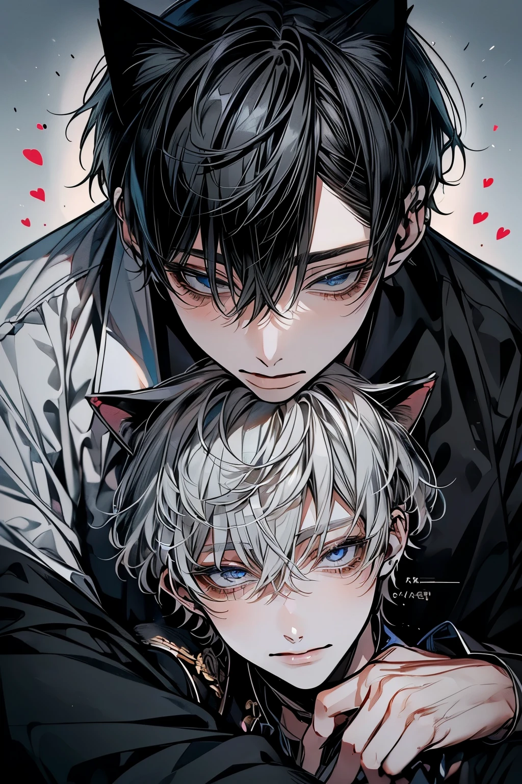 (Mastepiece), (Bestクォリティ), Very detailed, ((Two intimate men:1.5)), Perfect Face, Beautiful Face, Very detailedな顔，(Black-haired man:1.3)，(Grey-haired man:1.3)、Cat ear、shirt、Best