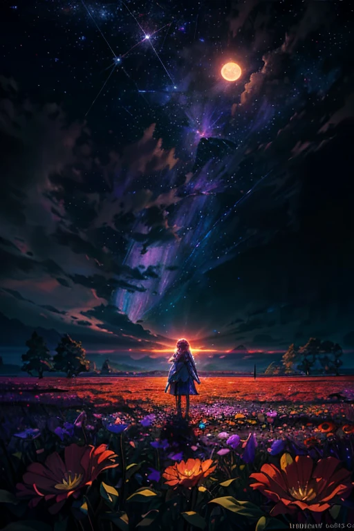 Vast landscape photography, (Aerial view above and from below showing the vast countryside below), A girl standing in a flower field looking up, (full moon: 1.2), (shooting star: 0.9), (nebula : 1.3), Distant Mountain, BREAK Tree Production Art, (Warm light source: 1.2), (fire Fly: 1.2), lamp, Lots of purple and orange, Intricate details, Volumetric lighting, Breaking realism (masterpiece: 1.2) , (highest quality), 4K, Super detailed, (Dynamic Composite: 1.4), Very detailed, Colorful details, (Rainbow-colored: 1.2), (Bright lighting, Atmospheric lighting), dream-like, Magic, (alone: 1.2)