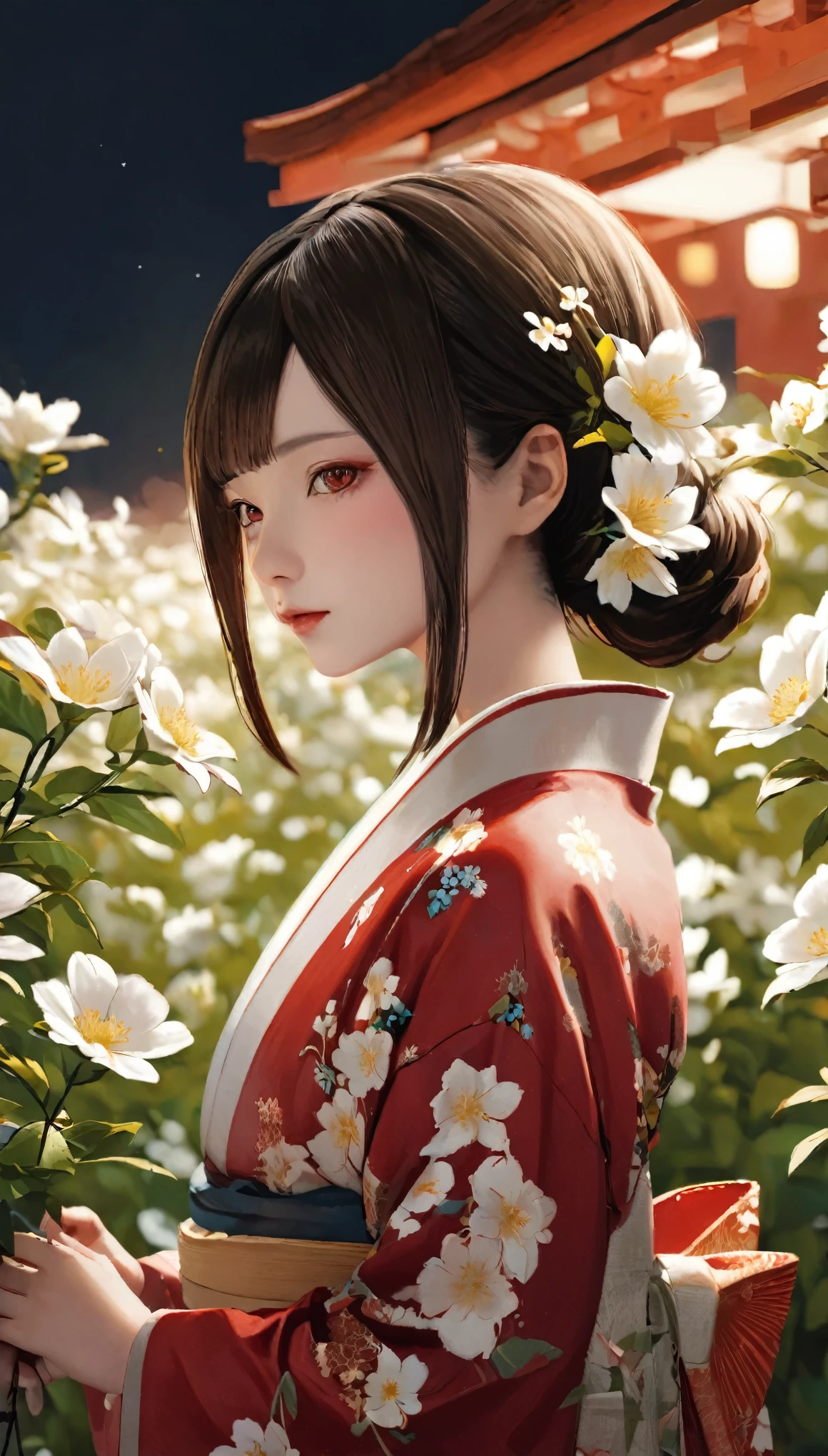 The background is a world of white flowers、highest quality, Tabletop, High resolution, (((One Girl))), ,Red eyes、Dark red kimono、((Dark red floral kimono)), Tyndall effect, Realistic, Shadow Studio, red lighting, Dual Tone Lighting, (High Definition Skins: 1.2) Digital SLR, photograph, High resolution, 4K, 8k, Background Blur,Beautiful fade out、The background is a world of white flowers