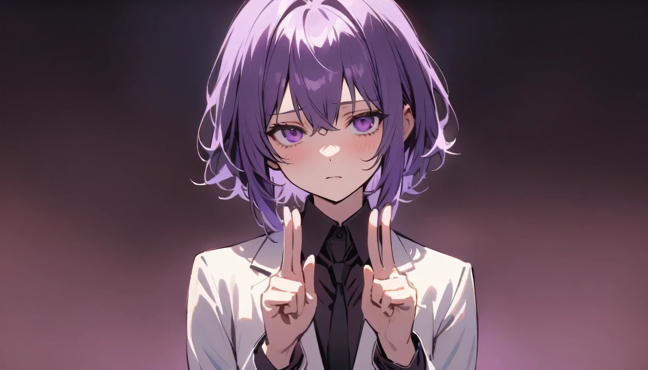 girl,nice, 1 person, Dark atmosphere, Black purple background, Gloomy face、whole body、Tired look、Corporate slave、suit、My eyes are tired、Looks sleepy、Double peace sign in the center、Perfect hands