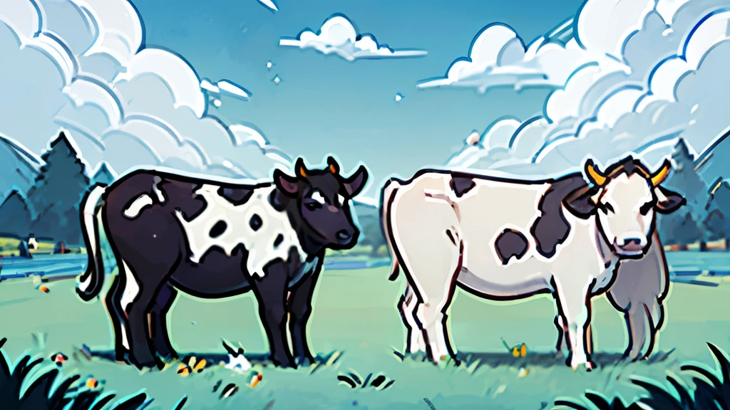 Generate a picture of cows in the farm with the blue sky. The skin of the cows must be black and white in color.