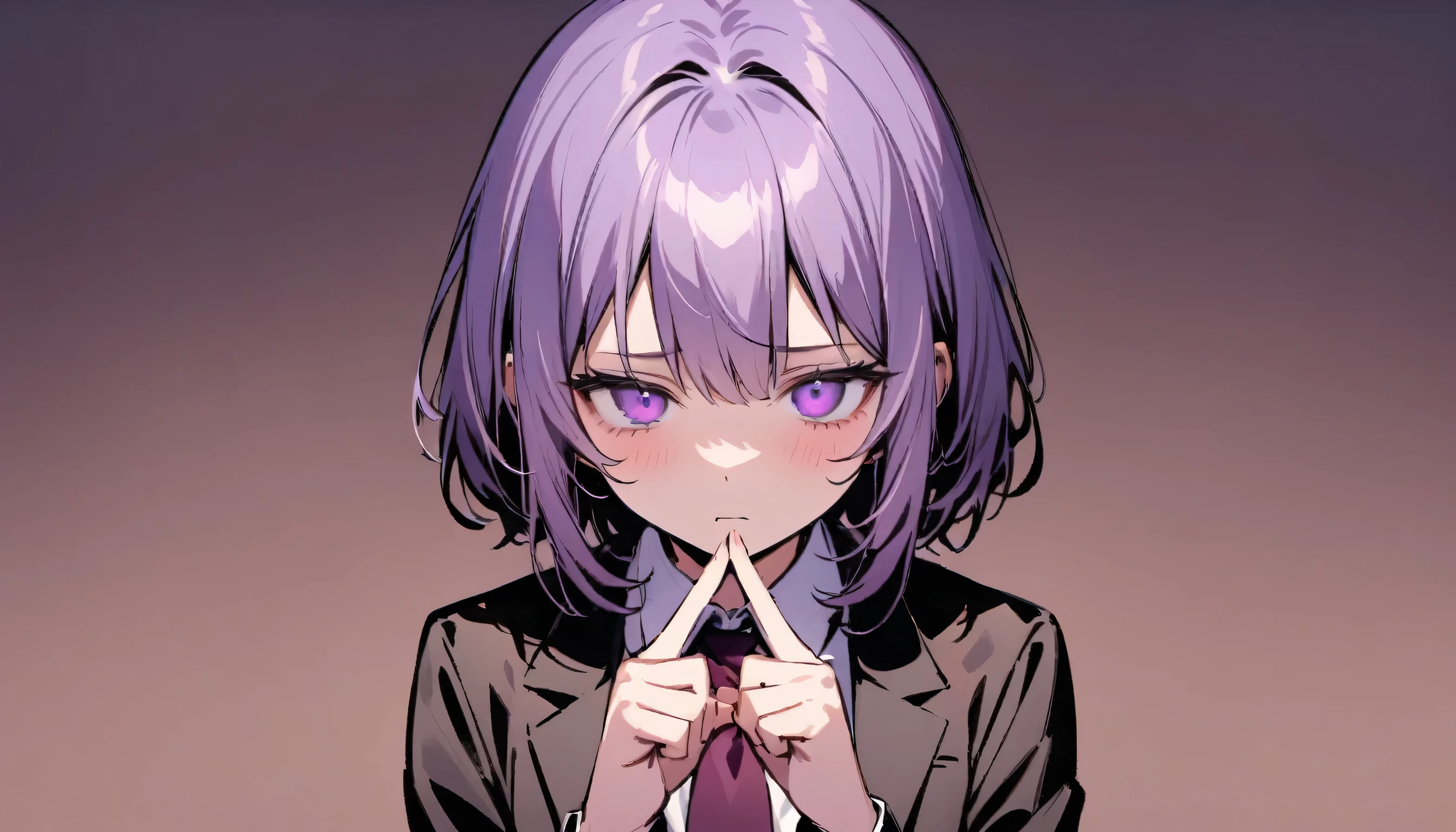 girl,nice, 1 person, Dark atmosphere, Black purple background, Gloomy face、whole body、Tired look、Corporate slave、suit、My eyes are tired、Looks sleepy、Double peace sign in the center