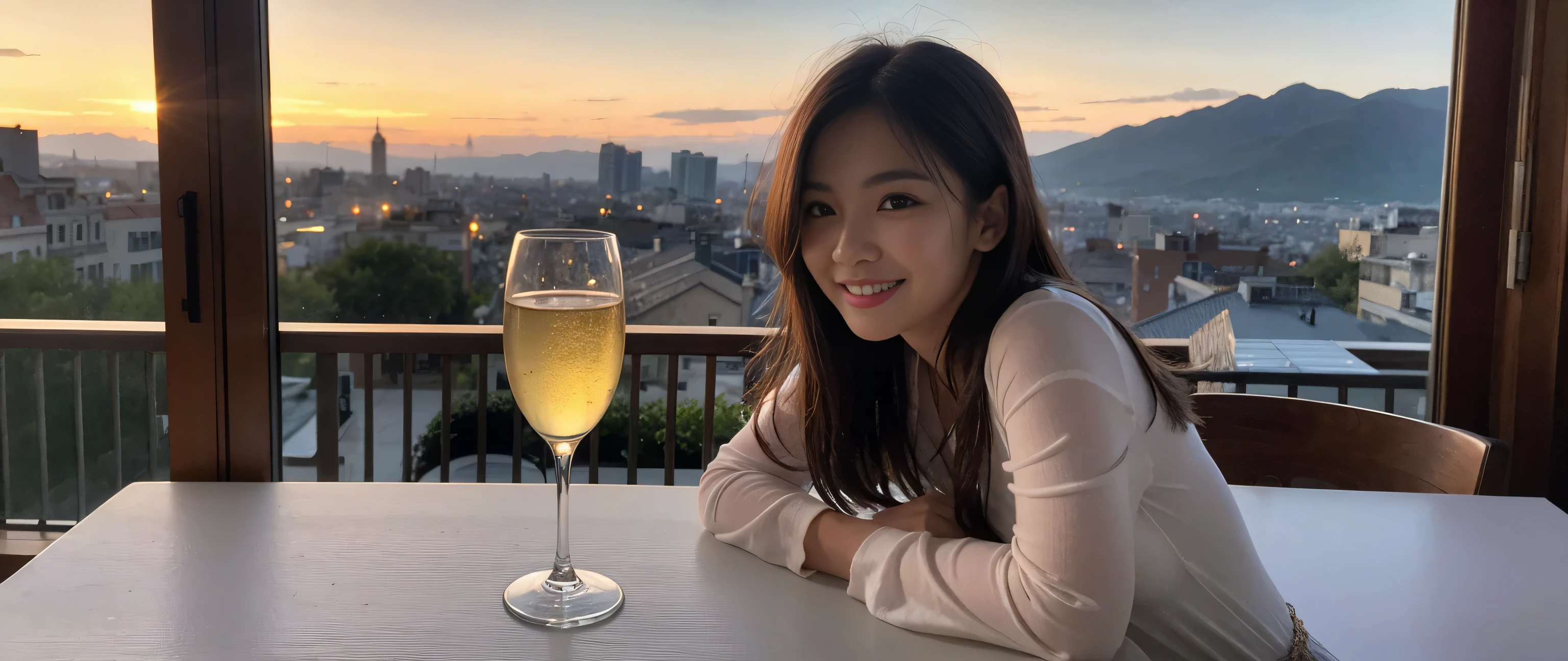 ((highest quality、8k、masterpiece:1.3))、Sharp focus:1.2、Beautiful woman perfect body:1.4、Slim body、((Bob Hale、Straight hair:1.2))、(to be born, highest quality, masterpiece:1.5), (Realistic, Intricate details:1.2), Ultra-high resolution, Put the light on your face、Amazing view of the sunset sky and clouds、Amazing mountain views、A bright smile、A lovely woman with a smile、Bright image、2. The beauty of wine, Beautiful Face, blue eyes, The light shines on your face, Blushing, short hair,Bright Face、Fox face、 (46 years old), 39 years old, Lady、red wine 、Appetizers、Italian food、Wine bottle、Champagne、sparkling wine、Two beauties、Brown Hair、Shortcuts、Long sleeve shirt、dress、Pretty Woman 1, (Slim face), (The body is slim), (Brown Hair), (Shortcuts), cheeks turn a little red,Attractive beauty、, Out of the window, A beautiful and detailed night view unfolds.........., restaurant, In a prominent place (From the waist up) Nova Frog Style, actress, model, Upper Body, White wine, slim, wine glass, Wine glass placed in the center, smile, (smile: 1.15), Beautiful fine grain, Depth f/2,saturation, High Contrast, Strong light and shadow,Moist Body:1.5、3D texture、Delicate eyes、Brown Hair、The hair is very shiny、