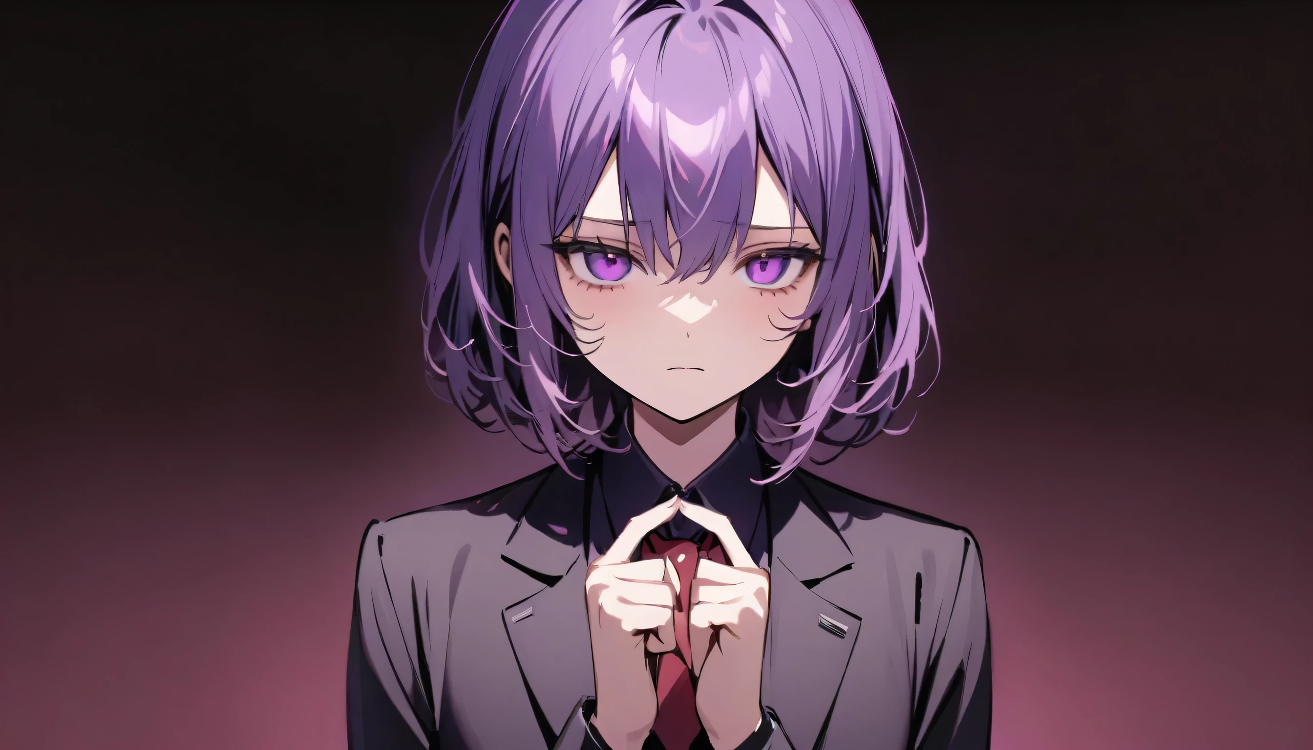girl,nice, 1 person, Dark atmosphere, Black purple background, Gloomy face、whole body、Tired look、Corporate slave、suit、My eyes are tired、Looks sleepy、Double peace sign in the center