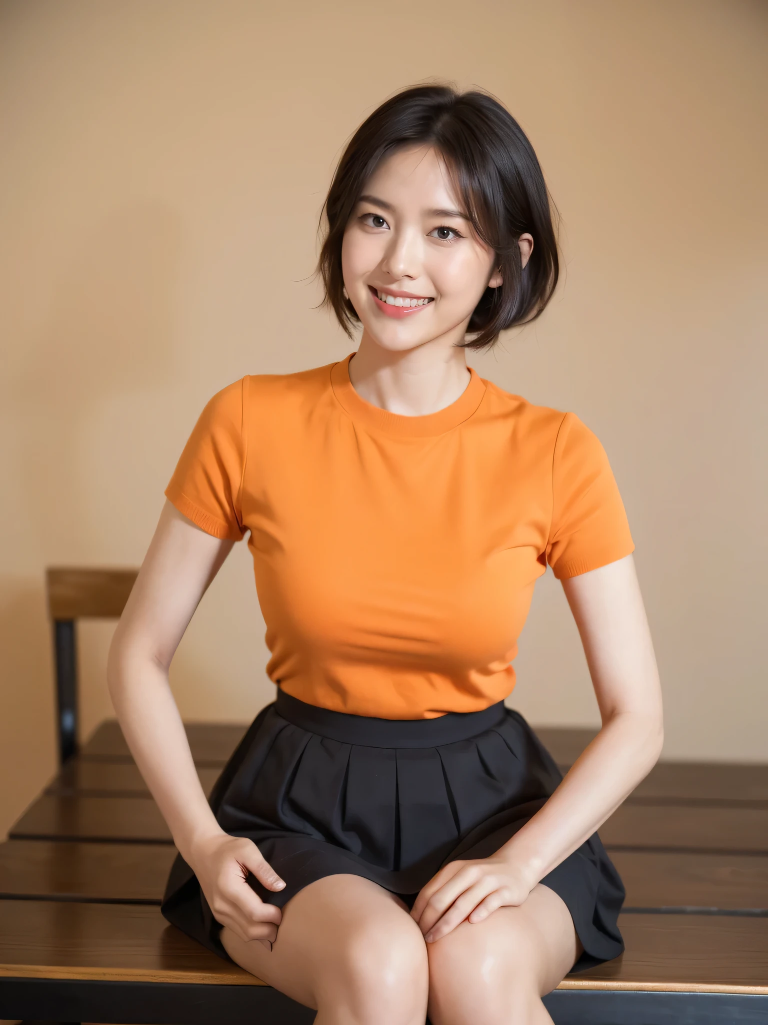最high quality, 8K, masseter area, energetic, Clear focus, high quality, high resolution, Delicate face, Fine particles, red lips, (Looking at the audience), Solitary, Beautiful woman, 25 years old, (Very short black hair:1.3)、(Bob Hairstyle)、(Standard body shape)、(D cup breasts)、 cleveage, , afternoon、(Inside the restaurant:1.5),(Sit on a bench:1.5)、(Bright orange short-sleeved knitted dress:1.6)、(White knee-length skirt:1.6)、(Black high heels:1.5)、(Smile with teeth bared:1.6)、