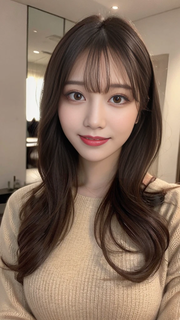 masutepiece, Best Quality, Illustration, Ultra-detailed, finely detail, hight resolution, 8K Wallpaper, Perfect dynamic composition, Beautiful detailed eyes, Long sleeve knit dress,Medium Hair, Natural Color Lip, Bold sexy poses,Smile、20 years girl、Cute,Face only,Mode system