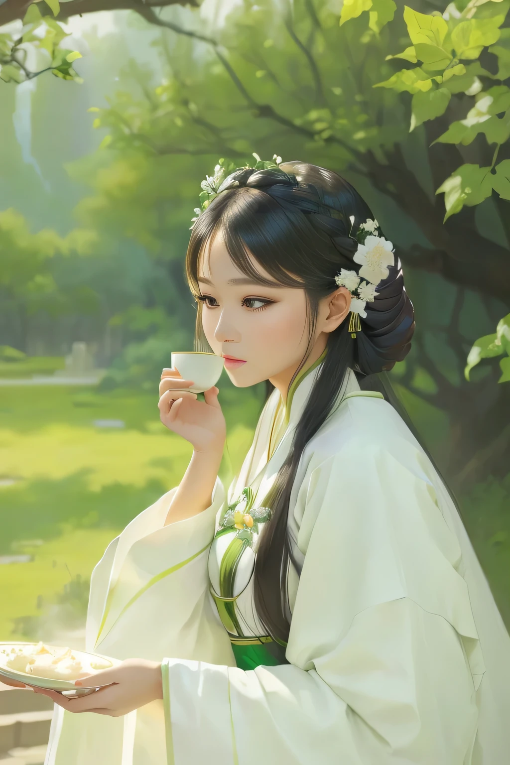 Arav woman in green dress holding a plate of food, palace , a girl in Hanfu, white Hanfu, Hanfu, Wearing ancient Chinese clothes, Chinese traditional clothing, Wearing Chinese clothing, Traditional Beauty, style of guo hua, Inspired by Gu An, Traditional female hairstyle, White Ji haircut, Long flowing hair and robes