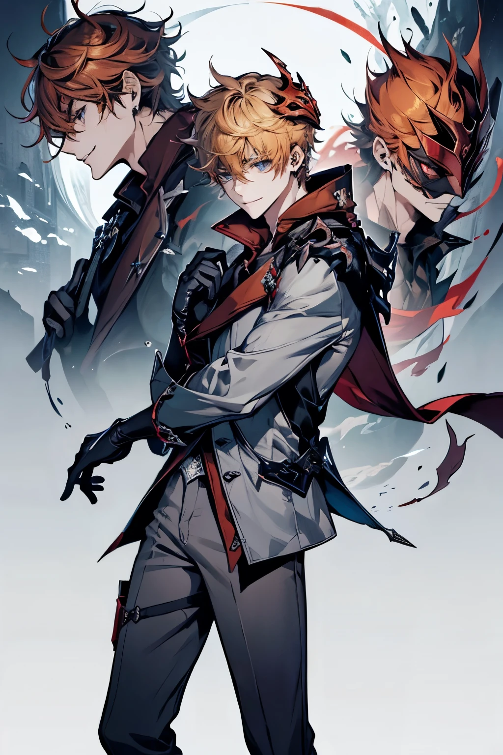 (masterpiece), (highres), childe, solo, looking at viewer, short hair, blue eyes, shirt, gloves, 1boy, holding, hair between eyes, jewelry, smile, jacket, male focus, earrings, black gloves, pants, orange hair, mask, single earring, red scarf, grey jacket, vision (genshin impact), mask on head, half gloves, grey pants, red mask, Reference sheet 3 elements, full body, front and side view