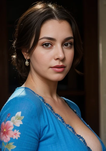 A photo of a woman wearing a blue floral dress with black lace trim, with her hands on her hips and a confident expression on her face. The background is a blurred pink and white. The art style is hyper-realistic, with a focus on the woman's curves and her facial features. The lighting is soft and natural, and the colors are vibrant. The image is taken from a slightly low angle, and the woman's eyes are looking directly at the viewer.porn star, Jessica starlling 