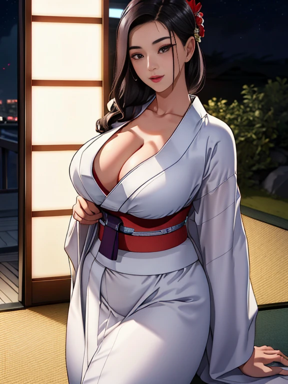 (night:1.7), Japan, Tokyo, city View, in front of the window,
Looking at the audience, (charming appearance:1.2), Happy, 笑Face,
(White_kimono:1.3),cleveage,
Black_hair, length_hair, hair_pull_return,separate_Lips,purple_Eye, Weaving,
1 girl, 24 years old,Mature woman,beautiful Finger,beautiful length legs,beautiful body,beautiful Nose,beautiful character design, perfect Eye, perfect Face, Perfect hands指, Perfect hands, 完璧なChest, Perfect body,
Looking at the audience, In the center of the image,
National Foundation,Official Art,Very detailed body, exteremly detailed Face, extremely detailed hair, extremely detailed Eye, wallpaper, Perfect lighting,colorful, bright_front_Face_Light Up,
(masterpiece:1.0),(Highest_quaLight Upy:1.0), 超high resolution,4k,Super detailed,
photo, 8K, HDR, high resolution, Disorganized:1.2, Kodak Portrait 400, Film Grain, blurry returnground, Bokeh:1.2, lens flare, (Lively_color:1.2)
(beautiful,Large target_Chest:1.4)(((Large Breasts、Breast sagging、Low-cut，Cleavage ，Wide hips,)))((Long legs)),Hourglass figure)),, (beautiful_Face:1.5),(narrow_waist),