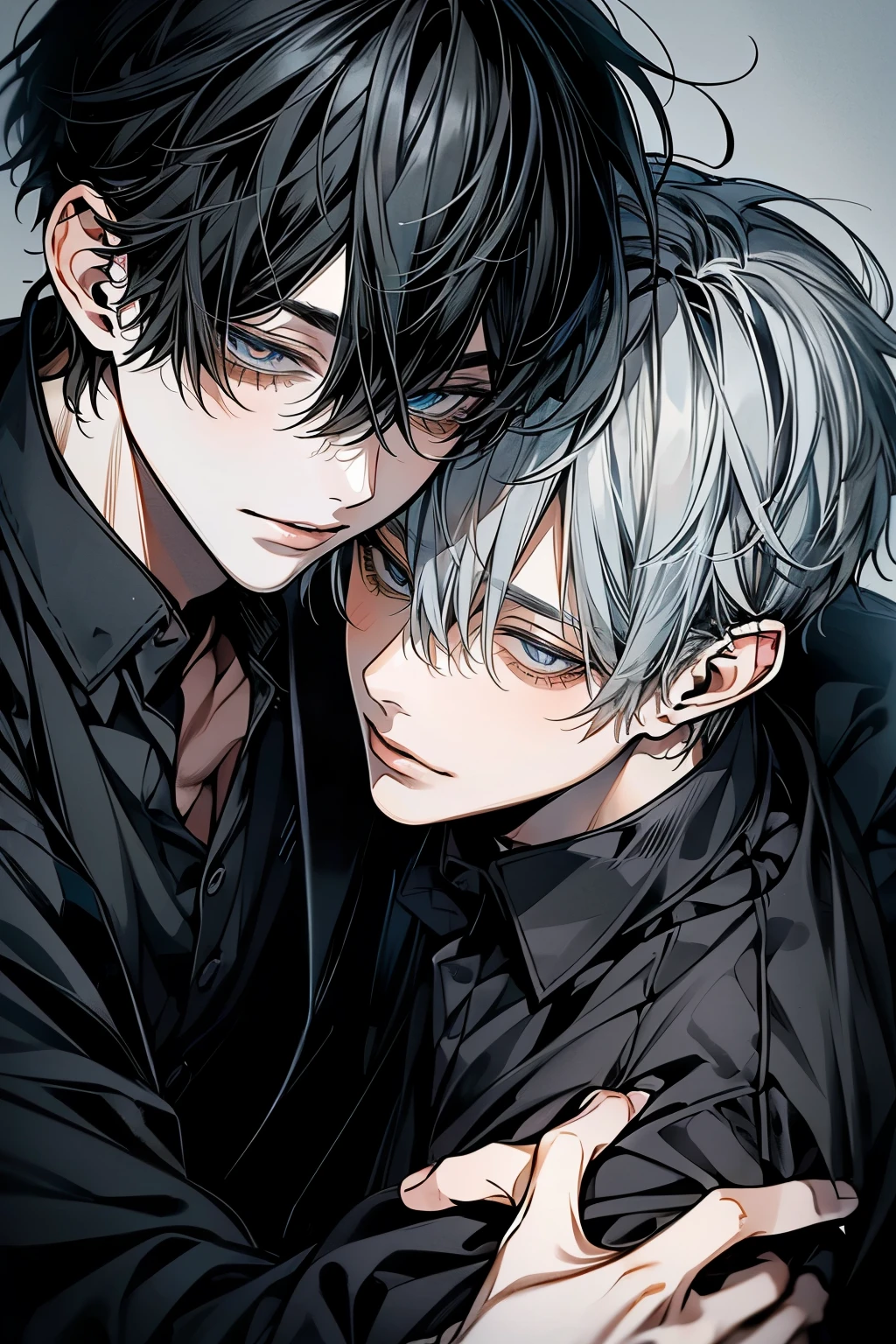 (Mastepiece), (Bestクォリティ), Very detailed, ((Two Men:1.5)), Perfect Face, Beautiful Face, Very detailedな顔,(Black-haired man:1.3),(Grey-haired man:1.3)、Cat ear、shirt、Best