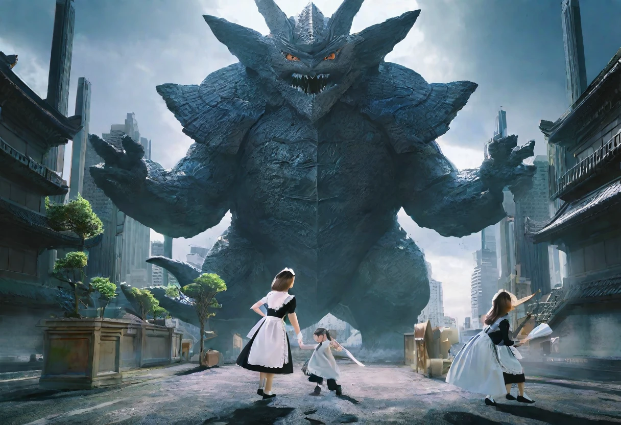 A family of kaiju deciding which city to attack, one kaiju in a maid uniform tidying their lair, hyperrealistic, 8K, extremely detailed, intricate details, photorealistic, masterpiece, cinematic lighting, dynamic composition, muted color palette, moody atmosphere, dramatic shadows, awe-inspiring scale, kaiju with expressive faces, maid uniform with delicate lace and ribbons, lair with intricate architecture and advanced technology, cityscape in the background with skyscrapers and landmarks