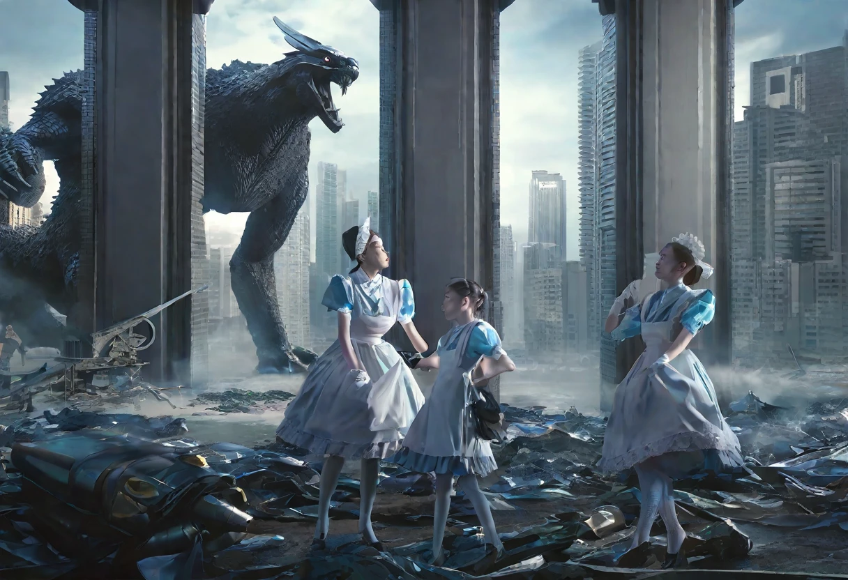 A family of kaiju deciding which city to attack, one kaiju in a maid uniform tidying their lair, hyperrealistic, 8K, extremely detailed, intricate details, photorealistic, masterpiece, cinematic lighting, dynamic composition, muted color palette, moody atmosphere, dramatic shadows, awe-inspiring scale, kaiju with expressive faces, maid uniform with delicate lace and ribbons, lair with intricate architecture and advanced technology, cityscape in the background with skyscrapers and landmarks