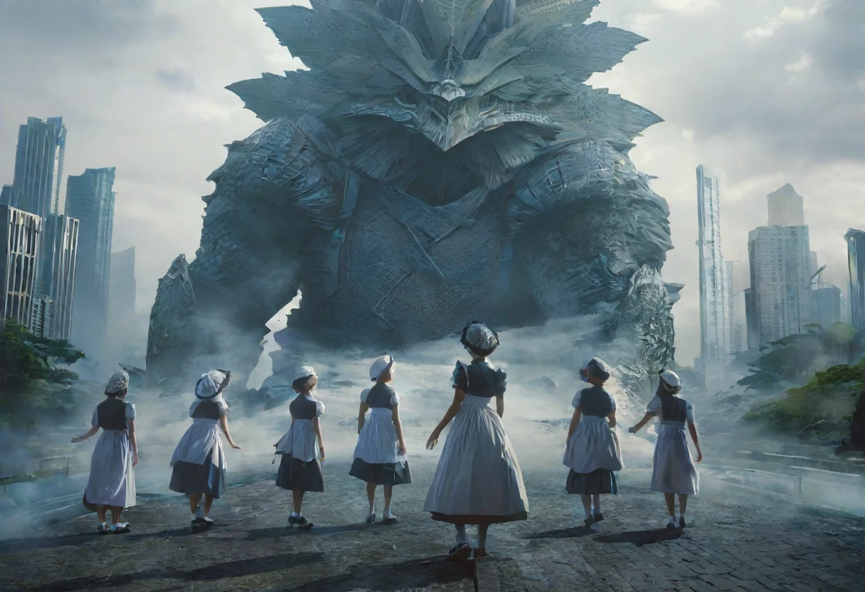 A family of kaiju deciding which city to attack, one kaiju in a maid uniform tidying their lair, hyperrealistic, 8K, extremely detailed, intricate details, photorealistic, masterpiece, cinematic lighting, dynamic composition, muted color palette, moody atmosphere, dramatic shadows, awe-inspiring scale, kaiju with expressive faces, maid uniform with delicate lace and ribbons, lair with intricate architecture and advanced technology, cityscape in the background with skyscrapers and landmarks
