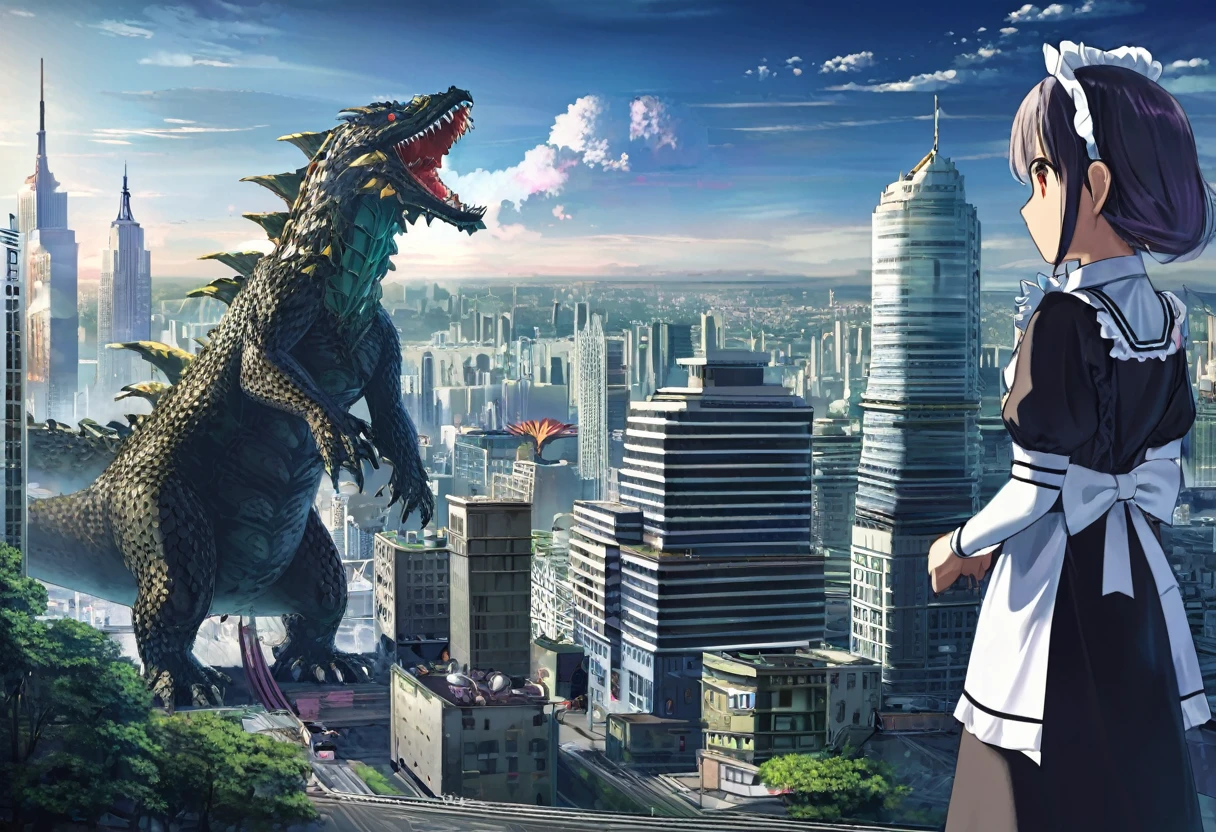 A family of kaiju deciding which city to attack, one kaiju in a maid uniform tidying their lair, hyperrealistic, 8K, extremely detailed, intricate details, photorealistic, masterpiece, cinematic lighting, dynamic composition, muted color palette, moody atmosphere, dramatic shadows, awe-inspiring scale, kaiju with expressive faces, maid uniform with delicate lace and ribbons, lair with intricate architecture and advanced technology, cityscape in the background with skyscrapers and landmarks