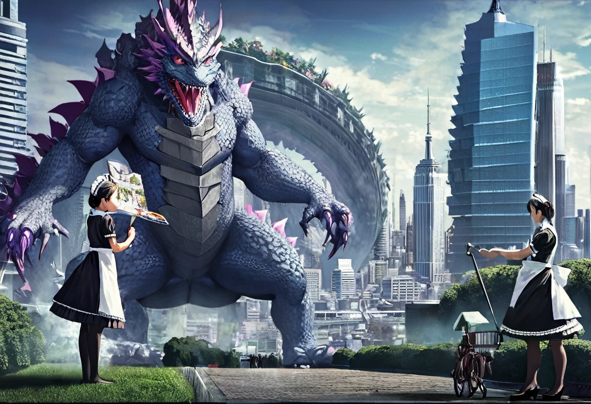 A family of kaiju deciding which city to attack, one kaiju in a maid uniform tidying their lair, hyperrealistic, 8K, extremely detailed, intricate details, photorealistic, masterpiece, cinematic lighting, dynamic composition, muted color palette, moody atmosphere, dramatic shadows, awe-inspiring scale, kaiju with expressive faces, maid uniform with delicate lace and ribbons, lair with intricate architecture and advanced technology, cityscape in the background with skyscrapers and landmarks
