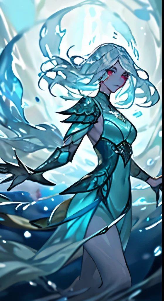 A slender water genasi woman, pale blue skin, silver-blue hair, ranger, druid, wearing translucent white robes above her leather armor, floating fishes surround her, athereal beauty, flowing water, shape water cantrip, dnd inspired