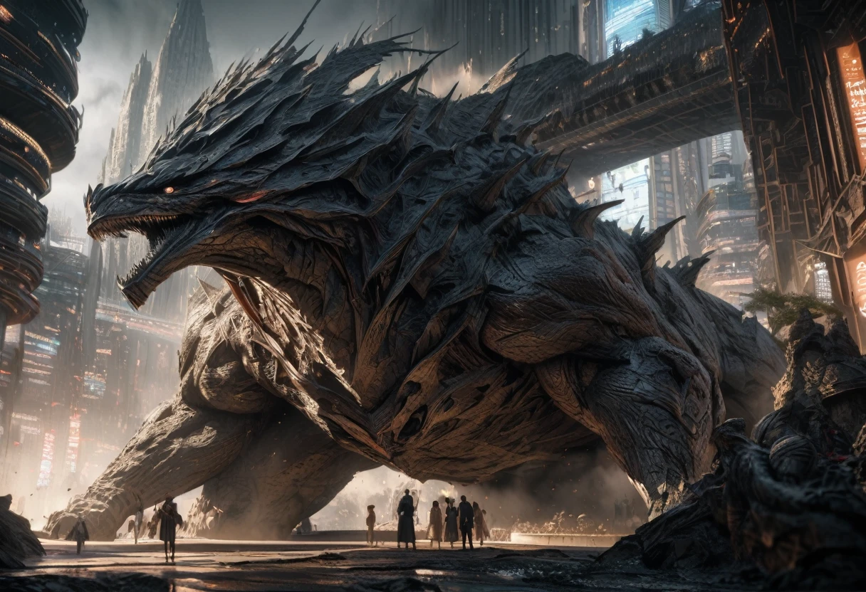 A family of kaiju deciding which city to attack, one kaiju in a maid uniform tidying their lair, hyperrealistic, 8K, extremely detailed, intricate details, photorealistic, masterpiece, cinematic lighting, dynamic composition, muted color palette, moody atmosphere, dramatic shadows, awe-inspiring scale, kaiju with expressive faces, maid uniform with delicate lace and ribbons, lair with intricate architecture and advanced technology, cityscape in the background with skyscrapers and landmarks
