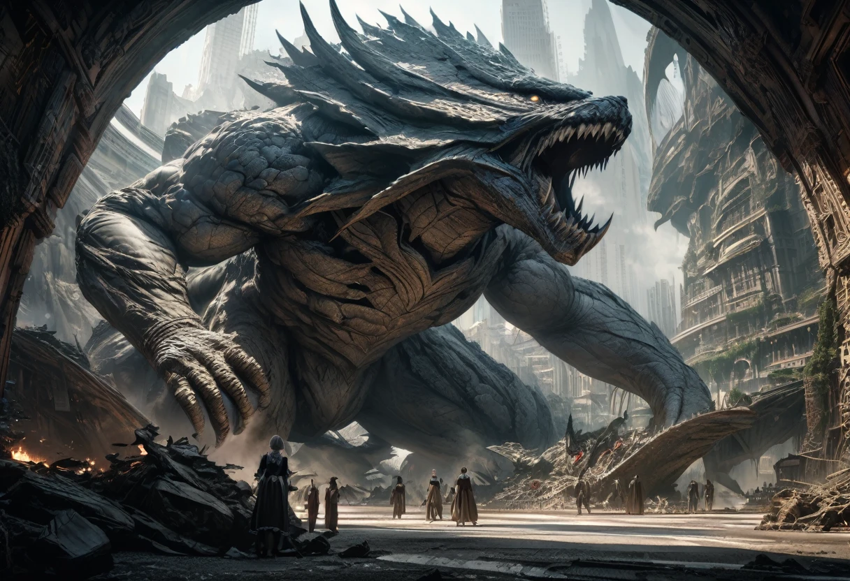 A family of kaiju deciding which city to attack, one kaiju in a maid uniform tidying their lair, hyperrealistic, 8K, extremely detailed, intricate details, photorealistic, masterpiece, cinematic lighting, dynamic composition, muted color palette, moody atmosphere, dramatic shadows, awe-inspiring scale, kaiju with expressive faces, maid uniform with delicate lace and ribbons, lair with intricate architecture and advanced technology, cityscape in the background with skyscrapers and landmarks