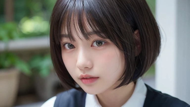 (Bob Cut Hair, Black Hair:1.2),(Wearing school uniform:1.2),1 girl,Japanese,21 years old,(Small breasts:1.3),(highest quality,masterpiece:1.3,超A high resolution,),(Ultra-detailed,Caustics),(Photorealistic:1.4,RAW shooting,)Ultra-Realistic Capture,Very detailed,High resolution 16K human skin close-up。 Natural skin texture、,Pores、、It needs to be detailed enough to be easily identifiable。 Skin should be even-toned and healthy looking。 Use natural light and colour, Sad expression, Looking at the camera, Perfect dynamic composition, Outdoor
