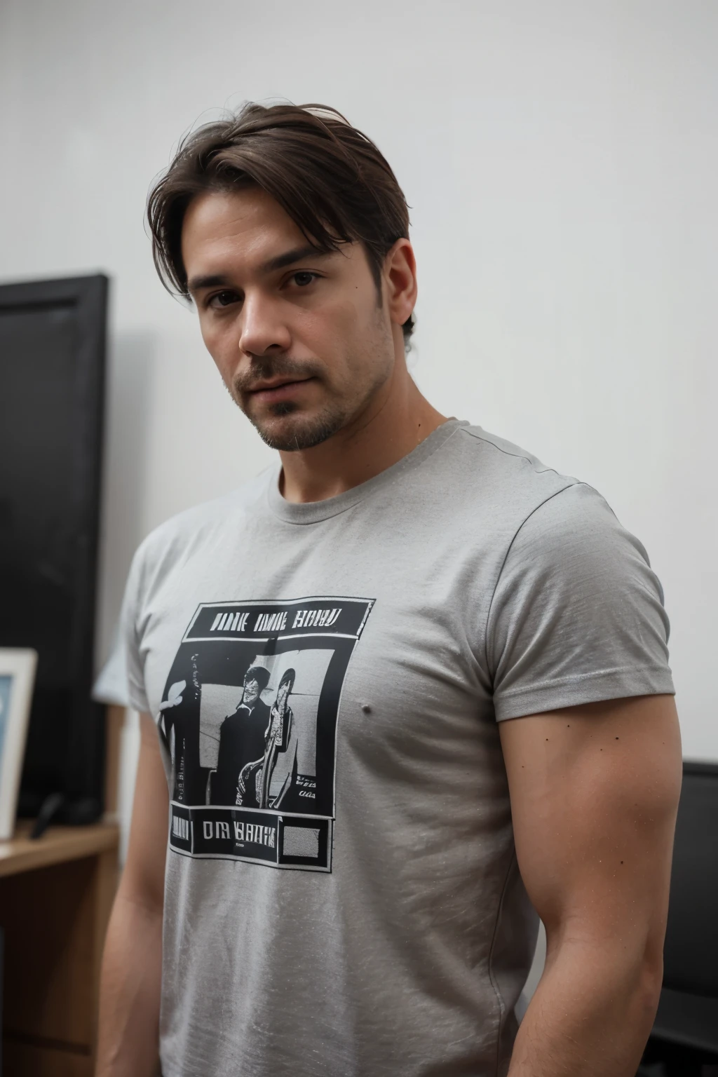 Generates a photorealistic image of a man in his forties with a toned physique, short beard and groomed appearance dressed in a screen-printed T-shirt. He must have the characteristics of a father and a visual communication professional, a graphic designer who deals with brand identity. Insert it in a professional context with artistic references.
