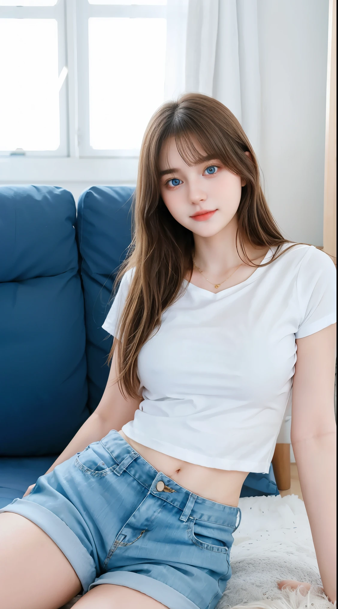 1girl,solo,best quality, masterpiece, 8k,raw photo, photo (object), extremely detailed, raw,realistic,sitting, looking at viewer,jeans,white t-shirt,long hair,black hair, couch,