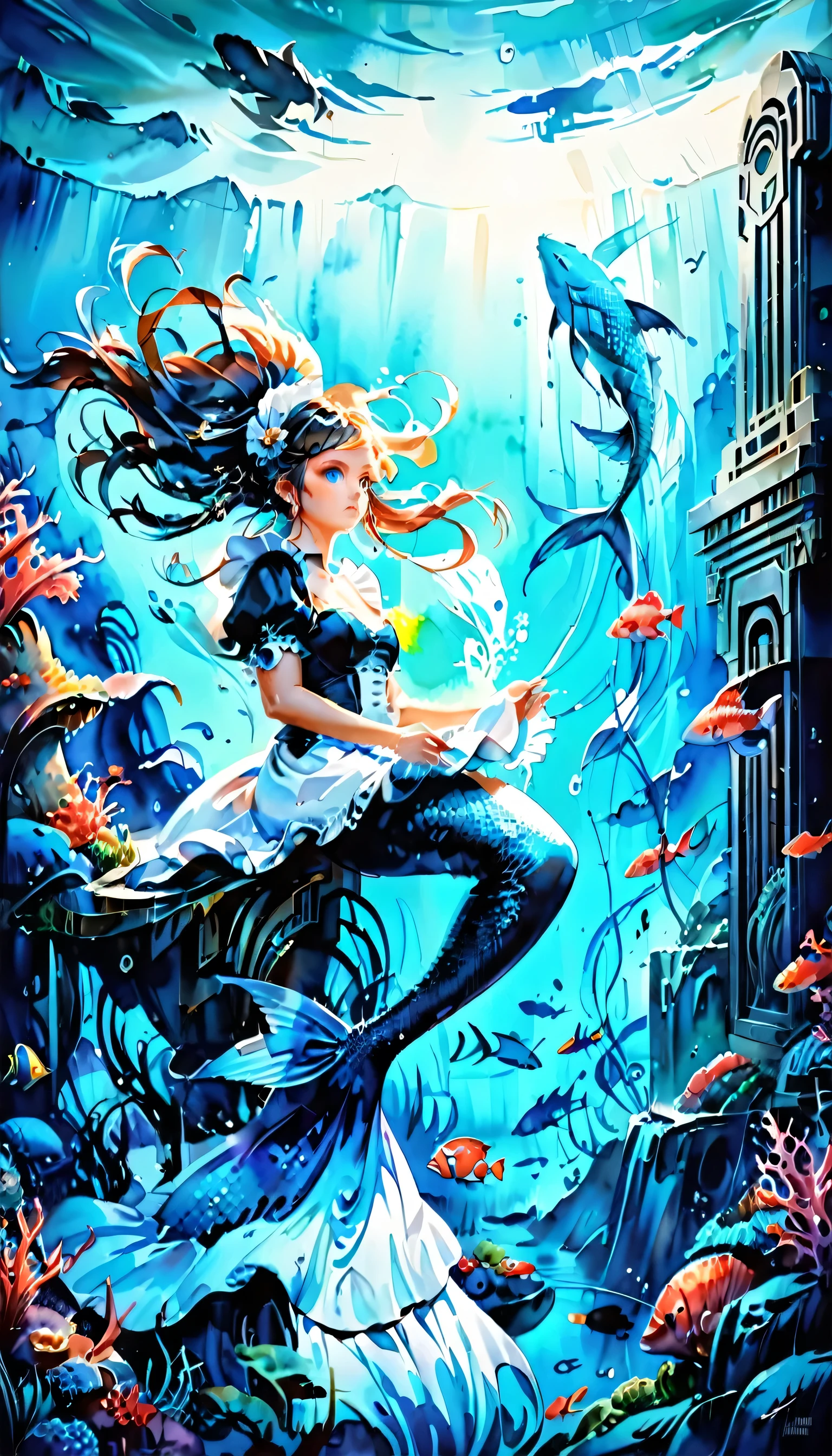 high details, best quality, 16k, ultra detailed, masterpiece, best quality, ((art deco style: 1.5)), full body, ultra wide shot, RAW, photorealistic, fantasy art, dnd art, rpg art, realistic art, an ultra wide picture of a mermaid  under the sea (intricate details, Masterpiece, best quality: 1.4) , female mermaid, (blue: 1.3) skin, (green: 1,3) hair, long hair, swirling hair, intense eyes, small pointed ears, ((blue eyes)), ((glowing eyes)), wearing (black:1.3) ((maid outfit)) flowing ((maid outfit:1.4) wearing a ((flowing maid skirt: 1.5)), beautiful mermaid, you can see rich underwater life, fish, riff, dynamic fantasy blue beach background ((magical atmosphere)), high details, best quality, highres, ultra wide angle, ggmine, traditional watercolor painting