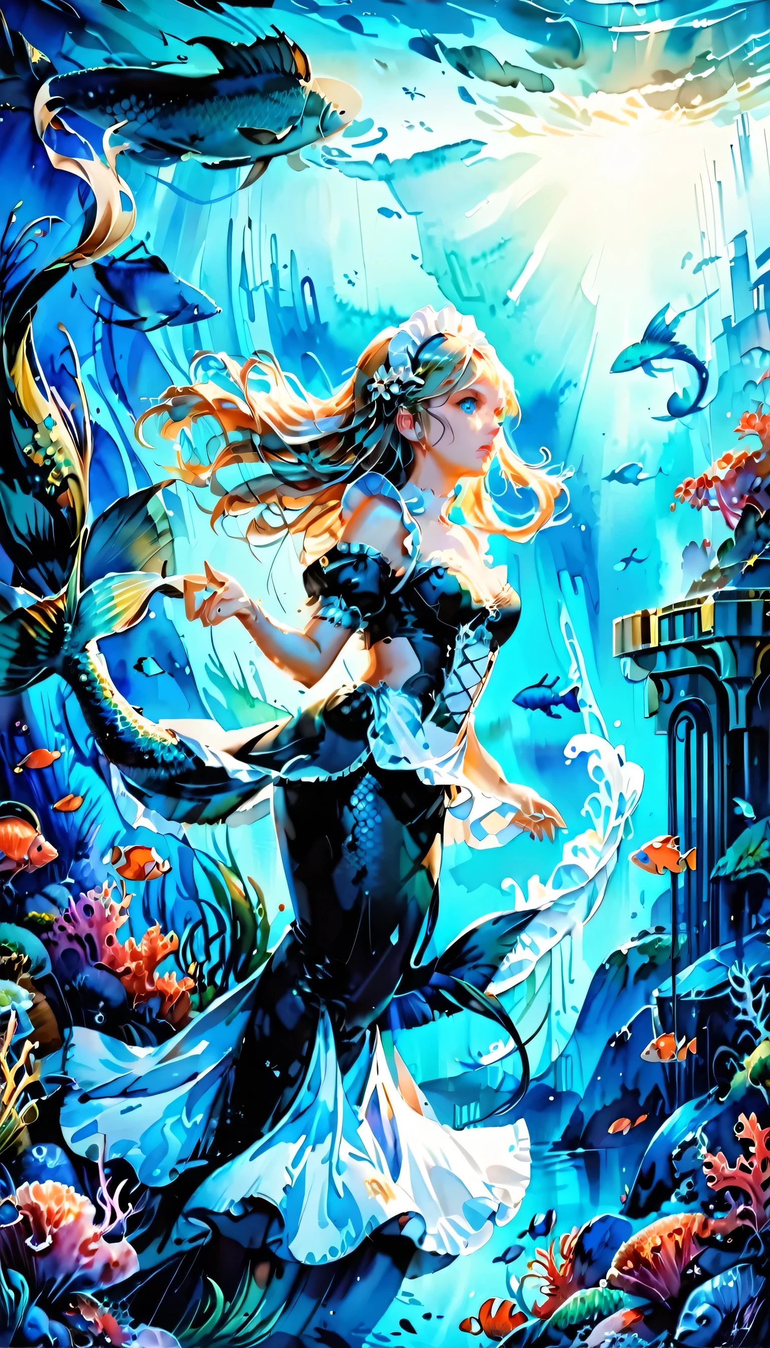 high details, best quality, 16k, ultra detailed, masterpiece, best quality, ((art deco style: 1.5)), full body, ultra wide shot, RAW, photorealistic, fantasy art, dnd art, rpg art, realistic art, an ultra wide picture of a mermaid  under the sea (intricate details, Masterpiece, best quality: 1.4) , female mermaid, (blue: 1.3) skin, (green: 1,3) hair, long hair, swirling hair, intense eyes, small pointed ears, ((blue eyes)), ((glowing eyes)), wearing (black:1.3) ((maid outfit)) flowing ((maid outfit:1.4) wearing a ((flowing maid skirt: 1.5)), beautiful mermaid, you can see rich underwater life, fish, riff, dynamic fantasy blue beach background ((magical atmosphere)), high details, best quality, highres, ultra wide angle, ggmine, traditional watercolor painting