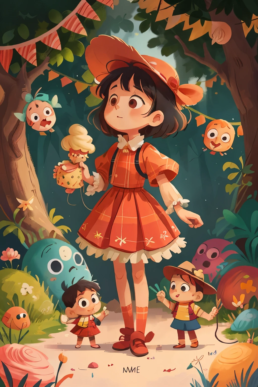 Children's book illustration featuring a whimsical and charming marionette puppet in a digital art style. The marionette is dressed in a colorful and playful red and orange plaid dress with rosy cheeks, black hair, and a dynamic pose, suggesting a gentle and protective demeanor. The wooden puppet's limbs are adorned with strings attached, symbolizing its traditional origins.
The illustration takes place in a minimalistic design setting with a simple background featuring soft colors, creating a nostalgic and sweet atmosphere. Balloons and ribbons float around the marionette, along with stars, cartoon animals, toys, theater masks, and an ice cream cone. A