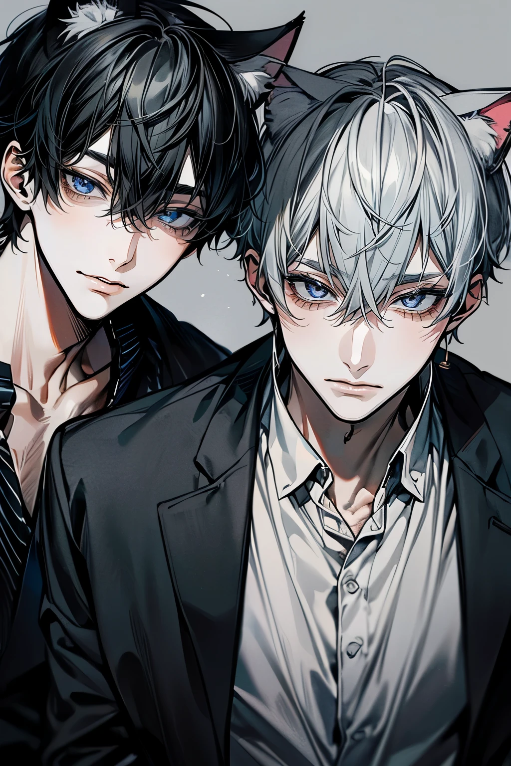 (Mastepiece), (Bestクォリティ), Very detailed, ((Two Men:1.5)), Perfect Face, Beautiful Face, Very detailedな顔,(Black-haired man:1.3),(Grey-haired man:1.3)、Cat ear、shirt、Best