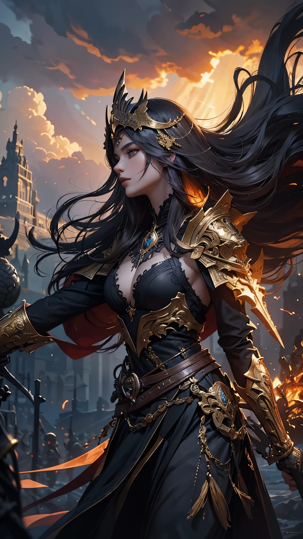 Impressionist painting , concept art, closeup low angle, A warrior in dark, ornate armor, intricate full mask, holds a radiant glowing golden axe, her glowing long hair billows in the air, stands on a battlefield, chaotic scene, set against a backdrop of imposing structures silhouetted against a stormy sky, artwork, dramatic fantasy theme, characterized by expressive, dynamic brushwork, contrast between the bright sword and the dark surroundings, matte painting, insane detailed, . Loose brushwork, vibrant color, light and shadow play, captures feeling over form