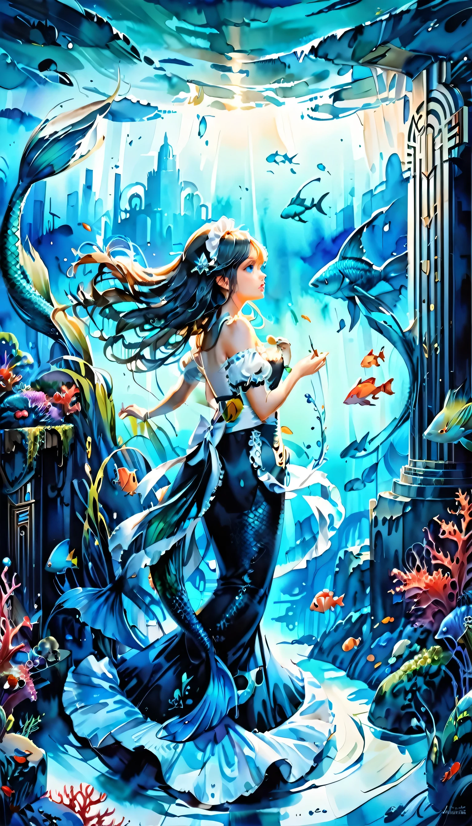 high details, best quality, 16k, ultra detailed, masterpiece, best quality, ((art deco style: 1.5)), full body, ultra wide shot, RAW, photorealistic, fantasy art, dnd art, rpg art, realistic art, an ultra wide picture of a mermaid  under the sea (intricate details, Masterpiece, best quality: 1.4) , female mermaid, (blue: 1.3) skin, (green: 1,3) hair, long hair, swirling hair, intense eyes, small pointed ears, ((blue eyes)), ((glowing eyes)), wearing (black:1.3) ((maid outfit)) flowing ((maid outfit:1.4) wearing a ((flowing maid skirt: 1.5)), beautiful mermaid, you can see rich underwater life, fish, riff, dynamic fantasy blue beach background ((magical atmosphere)), high details, best quality, highres, ultra wide angle, ggmine, traditional watercolor painting