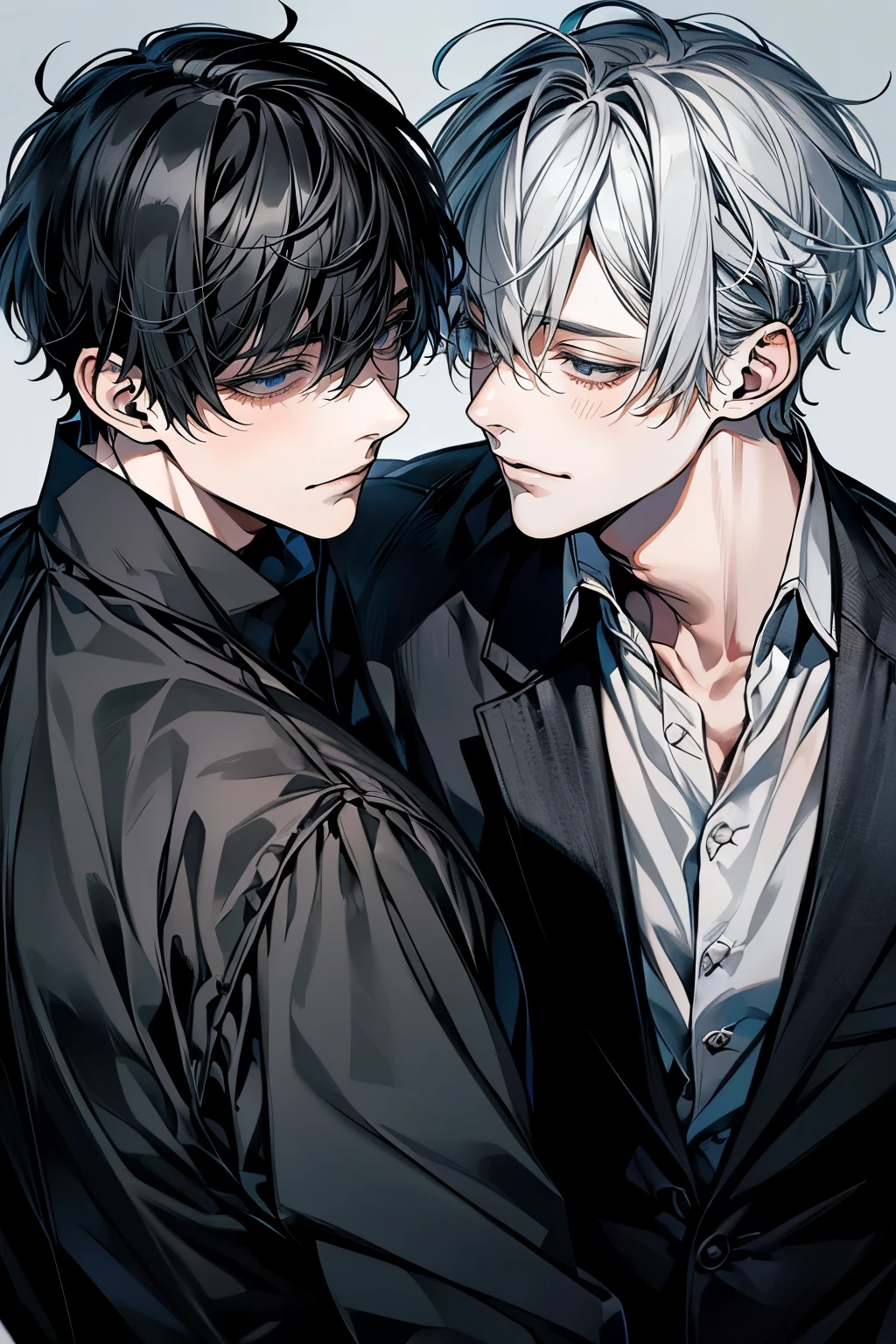 (Mastepiece), (Bestクォリティ), Very detailed, ((Two Men:1.5)), Perfect Face, Beautiful Face, Very detailedな顔，(Black-haired man:1.3)，(Grey-haired man:1.3)、Cat ear、shirt、Best