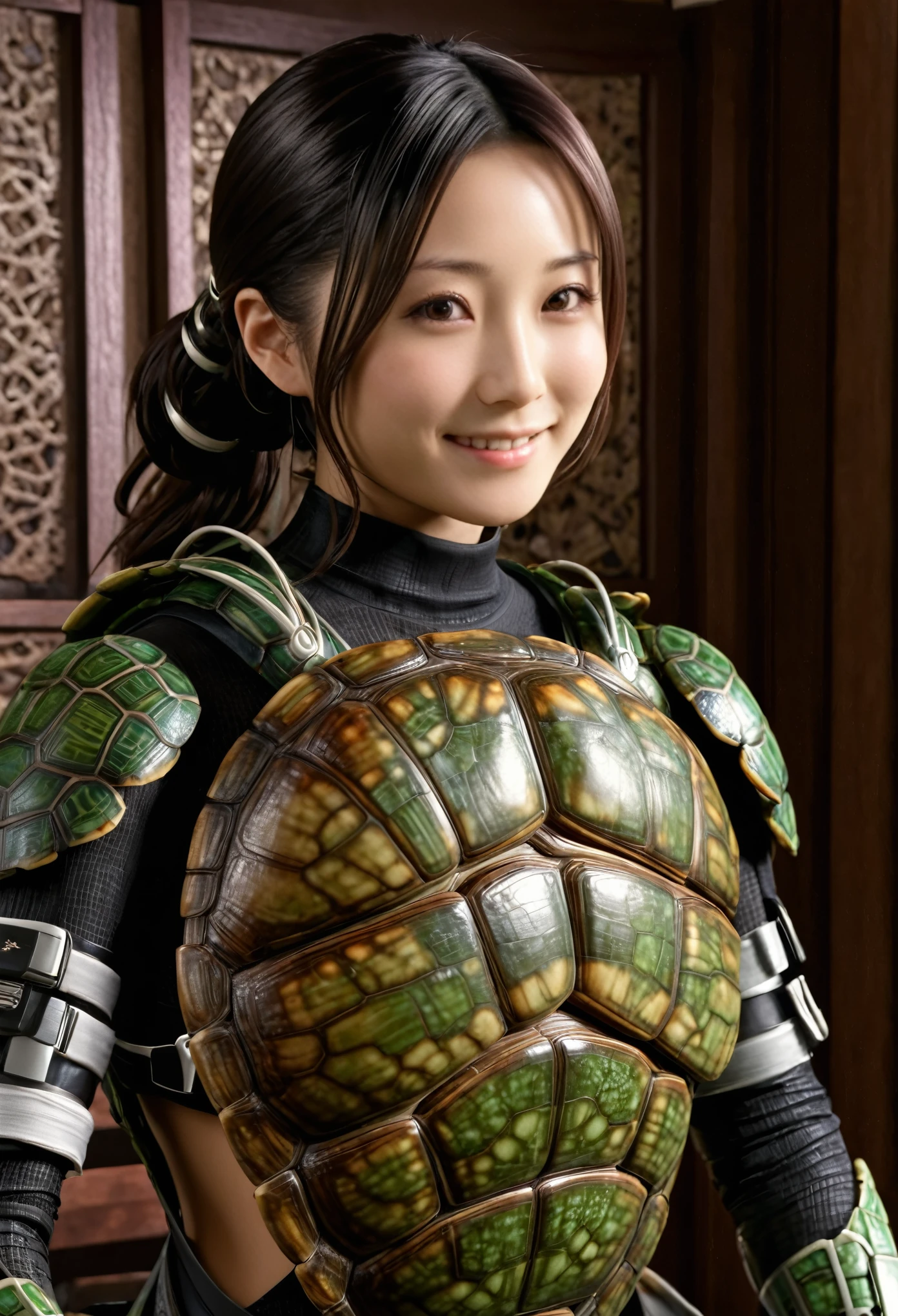 (high resolution,masterpiece,best quality,extremely detailed CG,),(japanese girl face), realistic, photorealistic, cinematic lighting, ultimately realistic all textures, ultimately intricate all details, all intricate, gloss and shiny,awesome many layers, 8k wall paper, 3d, kawaii, ( solo:1.4), perfect female proportion,villainess, (fusion of turtle and lady:1.4), (turtle form lady:1.2), (turtle lady:1.2), (fusion:1.2), (solo:1.4), (smile:1.2), muscular, abs, (Armor intricately composed of small parts:1.2), (Complex and three-dimensional shapes), (Turtle-shaped reinforced exoskeleton suit:1.4), (Turtle-shaped reinforced exoskeleton armor:1.2)