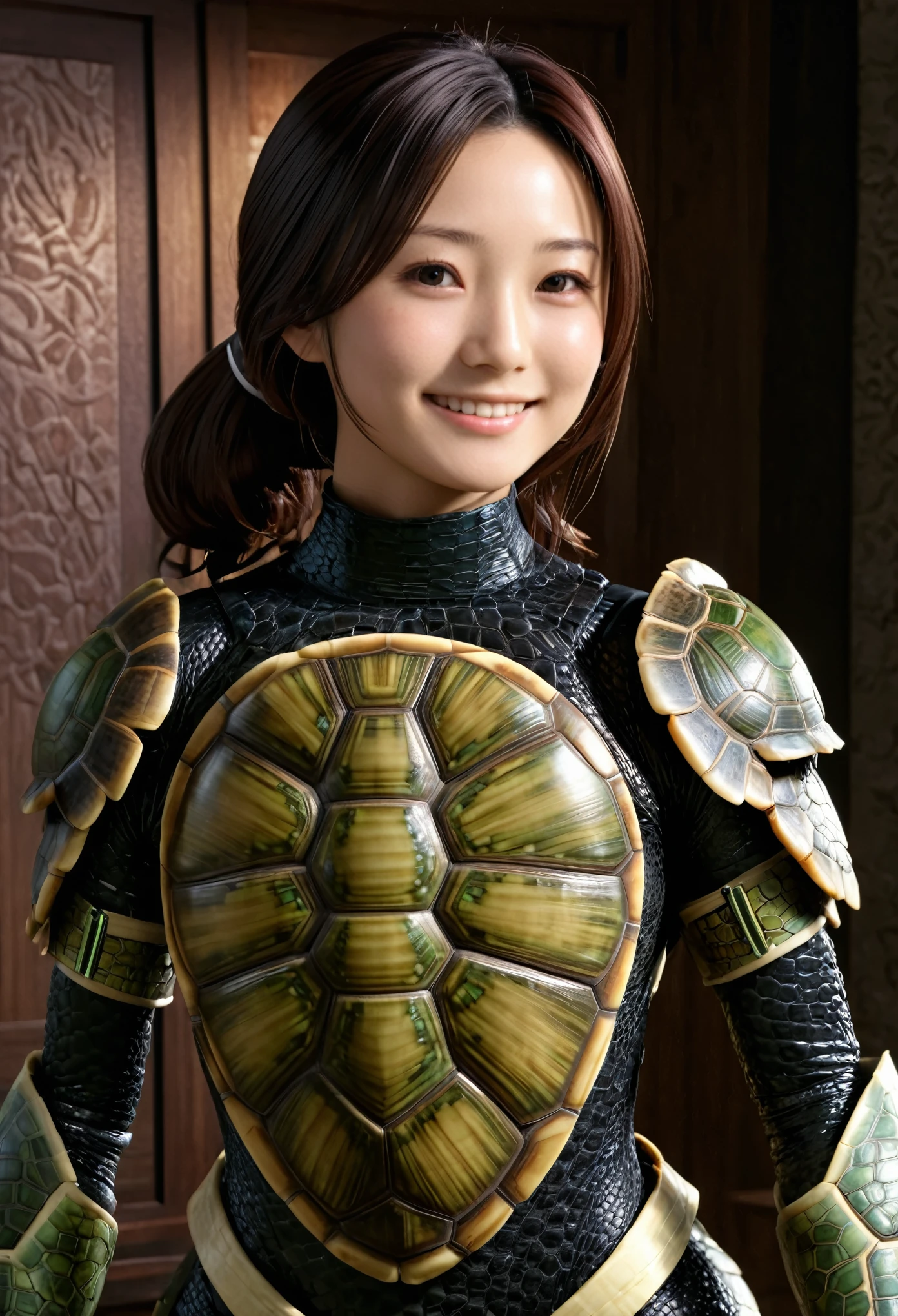 (high resolution,masterpiece,best quality,extremely detailed CG,),(japanese girl face), realistic, photorealistic, cinematic lighting, ultimately realistic all textures, ultimately intricate all details, all intricate, gloss and shiny,awesome many layers, 8k wall paper, 3d, kawaii, ( solo:1.4), perfect female proportion,villainess, (fusion of turtle and lady:1.4), (turtle form lady:1.2), (turtle lady:1.2), (fusion:1.2), (solo:1.4), (smile:1.2), muscular, abs, (Armor intricately composed of small parts:1.2), (Complex and three-dimensional shapes), (Turtle-shaped reinforced exoskeleton suit:1.4), (Turtle-shaped reinforced exoskeleton armor:1.2)