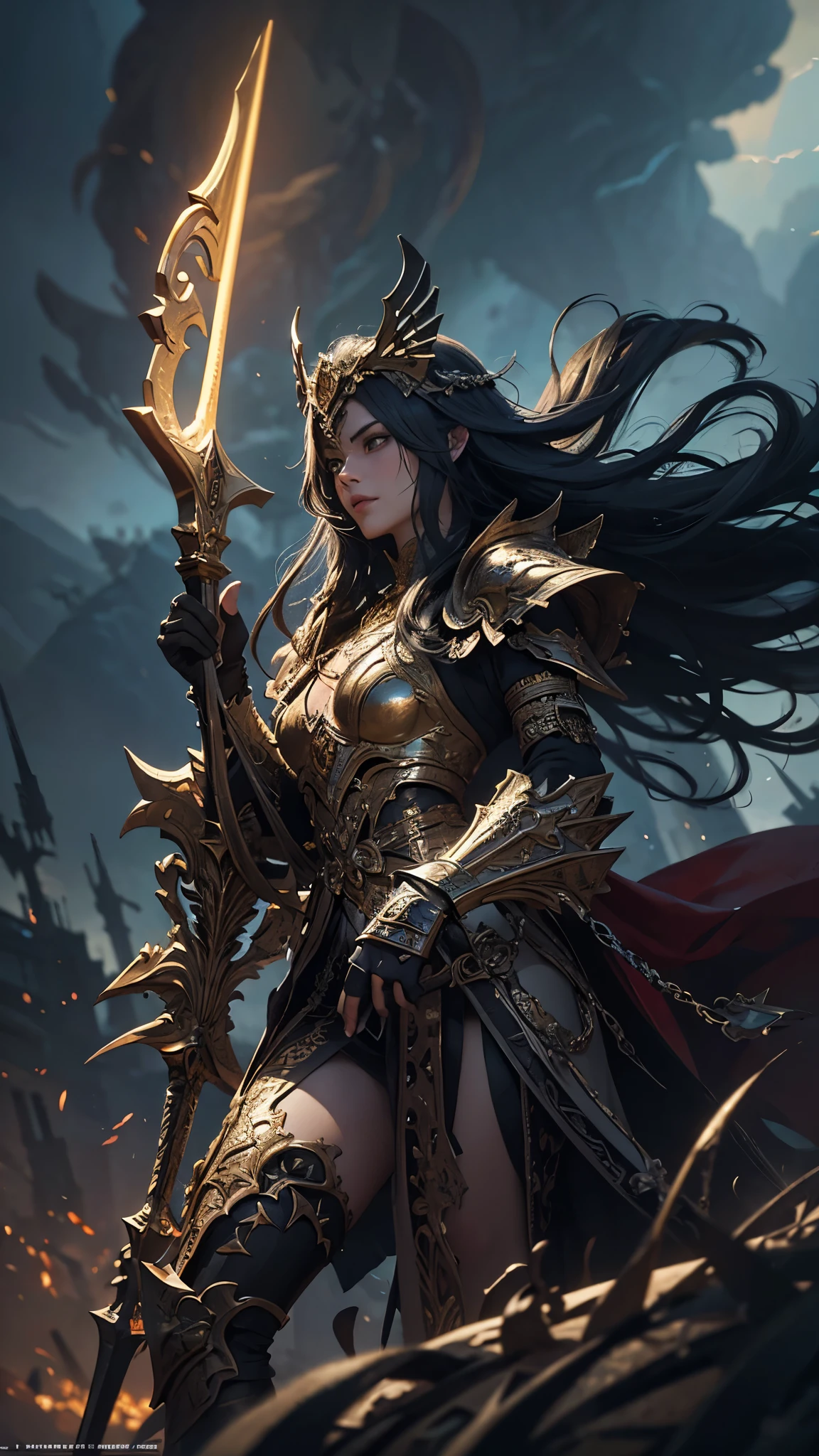 Impressionist painting , concept art, closeup low angle, A warrior in dark, ornate armor, intricate full mask, holds a radiant glowing golden axe, her glowing long hair billows in the air, stands on a battlefield, chaotic scene, set against a backdrop of imposing structures silhouetted against a stormy sky, artwork, dramatic fantasy theme, characterized by expressive, dynamic brushwork, contrast between the bright sword and the dark surroundings, matte painting, insane detailed, . Loose brushwork, vibrant color, light and shadow play, captures feeling over form
