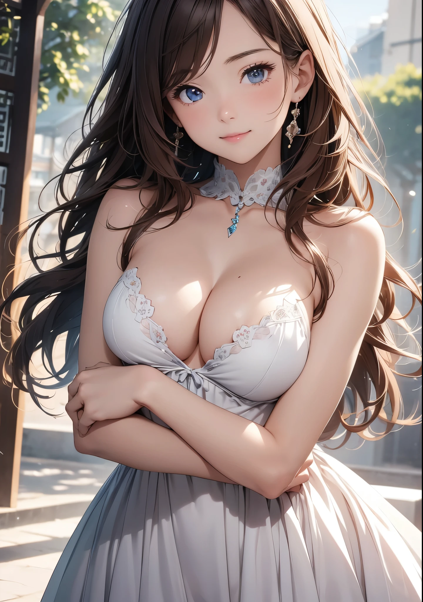 masterpiece、最high quality、High resolution、High-quality images、8k, 1 female、Skin luster、Skin Texture、Expression of fine eyes, realism, detailed manga style, Manga art style, Perfect Line Drawing, Beautiful line art, digital manga art girl, clear,  charm, Front view, (Perfectly detailed face), (Beautiful Hands) 、(Five Fingers:1.3)、Photorealistic images, Written boundary depth,
One Girl, bangs, blue eyes, Brown Hair, Mouth closed, From the side, Hair between the eyes、Show Viewer, Long Hair, night,  star , Upper Body, Bright and colorful, Strong color contrast, ((shot by DSLR)), photograph, Go Pro, Realistic, Are standing, Hot face, blush, (shiny skin), , ((livingで:1.3)), cute, cute, Japanese, high school girl, Height: 158cm, 16 years old, 最high quality, shape, Very detailed, In detail, High resolution, 8k wallpaper, Perfect dynamic composition, Beautiful details, , Random  poses, whole body, Like a real human being, smile, , gravure, 1 female, Black Hair, Long Hair, 15 years old, (:1.3), 最high quality, 8k, high quality, High resolution, (Thick lips), ((Looking at the audience)), double eyelid, Beautiful woman, whole body, Dutch Angle, ((cuteネックレス:1.3)), ((Blur the background:1.3)), , Brown Hair,masterpiece、living, Are standing, Cowboy Shot, Dutch Angle, (()), cuteネックレス, 最high quality、High resolution、High-quality images、8k, 1 female、Skin luster、Texture of skin and clothing、Expression of fine eyes、Girl with long shiny hair, Manga inspired by Lee Jong-suk, Trending on deviantart, realism, detailed manga style, Manga art style, Perfect Line Drawing, Beautiful line art, digital manga art girl, K-POPアイドル, dress, Beautiful brown eyes, Fuller lips, Gorgeous face with attention to detail, (cutesmile), charm的な, Innocent, Side view, (Perfectly detailed face), (Detailed and carefully drawn hand) Photorealistic images, Written boundary depth,(solo:1.4),(1girl:1.4),(blue eyes:1.2),(detailed face:1.3),(beautiful detailed eyes:1.3),(slightly parted lips:1.2),(shy embarrassed expression:1.3),(flushed cheeks:1.2),(slender body:1.2),(:1.3), (masterpiece:1.2),(best quality:1.3),(ultra high res:1.2),(photorealistic:1.1), lora:cuteGirlMix4_v10:0.5,lora:koreanDollLikeness_v15:0.3,((Big :1.5))