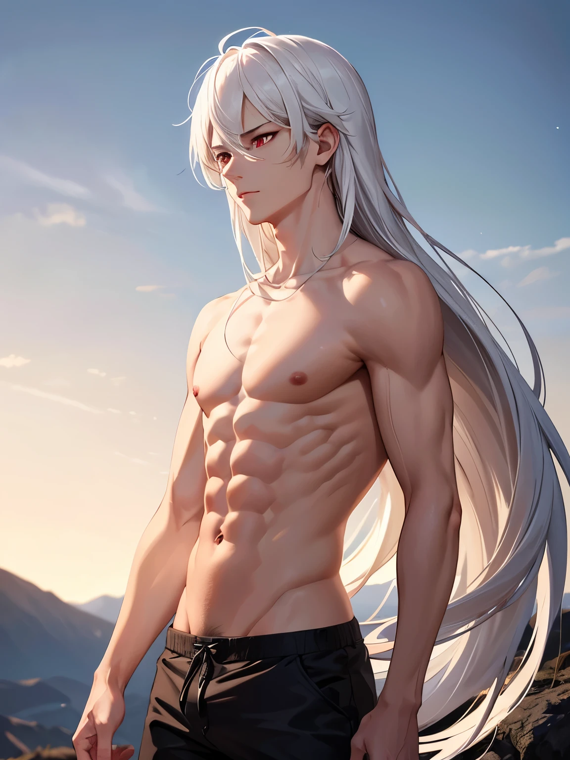 1 man,guy, handsome,standing on a hill, Facing right, camera angle from the side, photo from the side, looking away,at night,,white hair, long hair, red eyes,No clothes (nude),six pack abs, black shorts,at night,ultra detail, perfect face, clear face, HD face,Ultra detailed face,close up photo