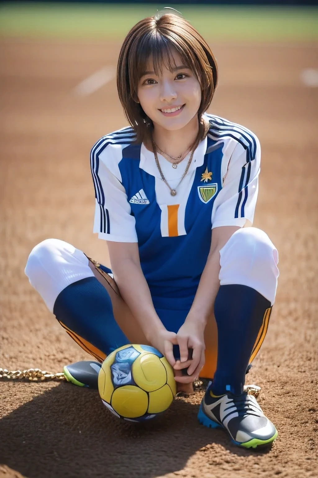 (An 18-year-old woman practicing soccer on a soccer field:1.5)、(Gentle smile:1.2)、(The best quality at its best:1.4), (Super detailed), (Very detailed CG unified 16k), Beautiful woman with perfect figure: 1.4, Sharp focus: 1.2, Very detailed, High-quality RAW color photos, Professional photography, Great face and eyes, cosmetics, (Amazingly beautiful girl), ((Soccer uniforms:1.5)), Sexy posture，(View from below), Realistic movie faces, Full body long view from head to toe, Realistic, ((Realistic natural orange red hairstyle, Realistic blue eyes)), ( Short Bob Hair:1.5), (necklace:1.5)、, Very beautiful face, Perfect model beauty, Mouth swelling, Highly detailed face and skin texture, Fine grain, double eyelid, Medium chest, smile, (masterpiece), highest quality, High resolution, Very detailed, Blurred Background, Depth of written boundary, Cinema Lighting, Great legs, , Clear, well-maintained skin,
