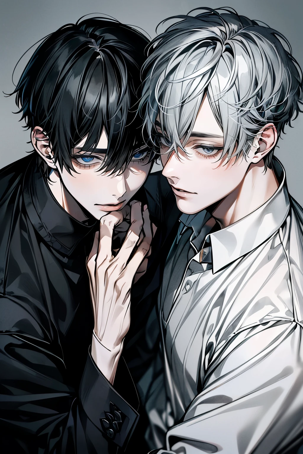 (Mastepiece), (Bestクォリティ), Very detailed, ((Two Men:1.5)), Perfect Face, Beautiful Face, Very detailedな顔,(Black-haired man:1.3),(Grey-haired man:1.3)、shirt、Best