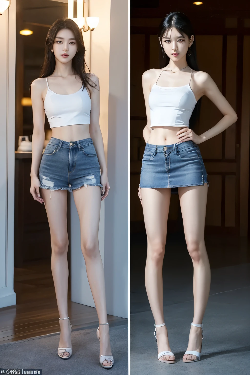 (8k、Raw photo、最high quality、masterpiece:1.2),(Realistic、Photorealistic:1.37),((((Both of them stand with their legs apart)))),(((Both of them have an inseam that is more than half their height.))),((Bare legs)),((Both of them are extremely slim)),((They both have super slim legs)),((Both are 173cm tall)),((They are both the same height)),((Two beauties with perfect supermodel style: 1.2)), Super thin waist: 1.2, Thin buttocks,Open the navel,完璧なSuper thin thighs: 1.2),(((Both of them have amazingly slim figures.))),((Denim micro mini skirt)),((Both are 18 years old)),Erect nipples, Highly detailed face and skin texture,Symmetrical face, Beautiful Eyes, Beautiful Face,balanced eyes, Fair Asian Skin, Ultra-Realistic Details,((Slender Asian Girl)),((K-Pop Idols)), Natural Shadows,(((((Both of them take full body shots: 1.8))))),(Very small hips),Large firm breasts, Super long thighs,(Super thin thighs),(Super slim calves),((Small Ass)),Super muscular body,Super toned waist,More emphasis on the abdominal muscles,((Both of them have super-strong abs)),Super thin waist,((White high heels)),(((Both of them are extremely exposed.))),lengthen limbs,(((Standing in front of a stylish upscale restaurant:1.3))),(White short mini camisole),Hands on hips,Both of them face forward,(((Both of you should face your whole body straight ahead.))),Super long arms,Thin hands,(Long black hair),((Both of them stand up straight.)),(Keep your hips facing forward),Both of them are beautiful with 8-head body proportions.,Very thin ankles,The arms are very slender and muscular,The legs are super slender and muscular,Make your arms thinner,Super slim and muscular legs,Both of them have super long legs.,The middle of the thighs are very thin,Super muscular and extremely slim calves,Super muscular and slim thighs,Very tight waist,(Both of them have an inseam that is more than half their height.の美脚),Extremely thin thighs,Fine skin,Firm skin,(((Both of them should fit from the top of their heads to the toes of their heels.))),(((Both of them have super slim legs))),Both of them have super slim and muscular legs.,((Sunny afternoon:1.3)),Midsummer,((Low - Angle)), (((Wide open abdomen))),Super detailed, High detail, high quality, Awards,High resolution, ((Anatomically correct))