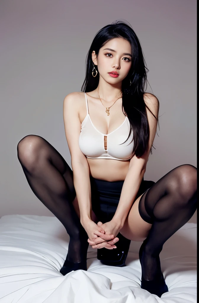 (masterpiece:1.3), (8 thousand, realistic, RAW photos, best quality: 1.4), (1 woman),(sheer silk blouse), (short skirt), (짙은색 realistic wearing stockings), (wearing stockings), (wearing stockings),  (High Heels), (High Heels), (High Heels),  (Leaning on the bed), ( Raise your knees and spread your legs), (Both hands to head), (very sexy), (Beautiful pussy between spread legs), (full body shot), (Beautiful makeover), (유난히 아름다운 realistic 얼굴), (Build a beautiful body) , (beautiful face), (long eyelashes), (double eyelid), (big bust) , (Strong body through exercise), (beautiful abs), (Beautiful heaps), (tall), (such a beautiful body), (realistic face), (black hair. parted, long hair:1.3), (아름다운 parted스타일), (realistic eyes), (really beautiful and delicate eyes), (realistic skin), (beautiful skin), (nudity), (absurd), (attractive), (ultra high resolution), (extremely realistic), (very detailed), (golden ratio), (realistic 긴 다리), (realistic 팔), (necklace), (earring),(beautiful nails manicure), (So beautiful and sexy)