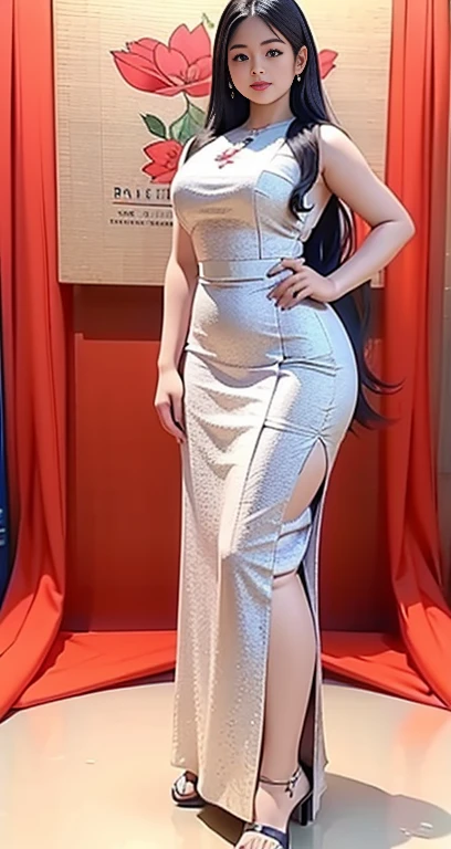 Burmese girl with attractive curvy full body. Friends full-length bikini,( Long skirt)(dress) reflective long dress painted with flower patterns, only dress. hi gh hips High resolution High resolution natural background High resolution HD 3D, 8K cartoon anime