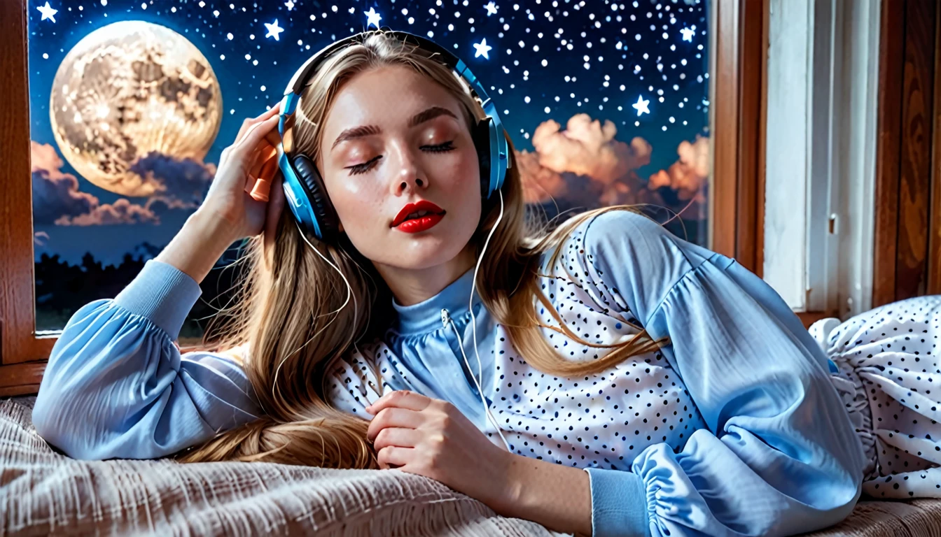 lofi style young pretty woman, daydreaming, wearing oversized very long sport blouse with long sleaves, high cotton white socks, headphones on, long light brown hair, big light blue eyes, hot red lipstick, eyes closed, she is laying on the bead by the window at night, the sky outside is little clouded and full of stars and the moon