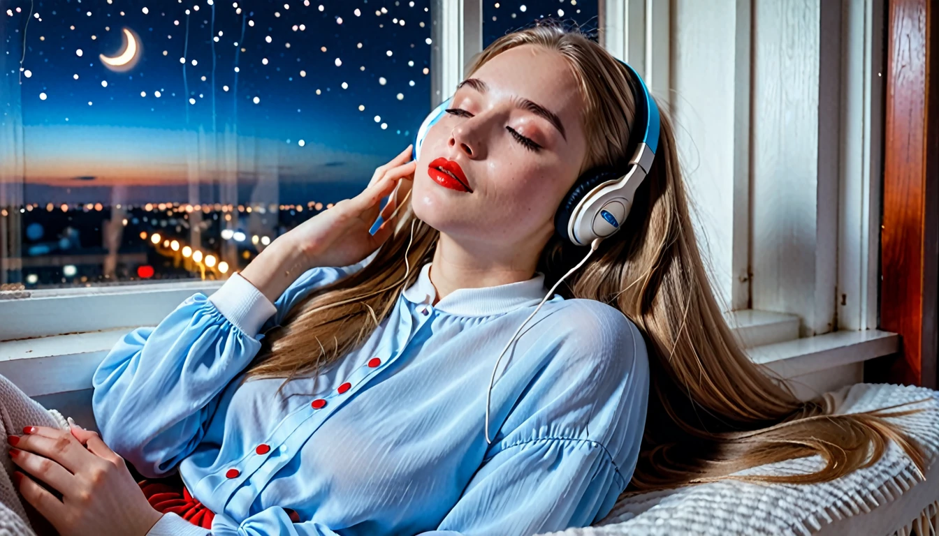 lofi style young pretty woman, daydreaming, wearing oversized very long sport blouse with long sleaves, high cotton white socks, headphones on, long light brown hair, big light blue eyes, hot red lipstick, eyes closed, she is laying on the bead by the window at night, the sky outside is little clouded and full of stars and the moon