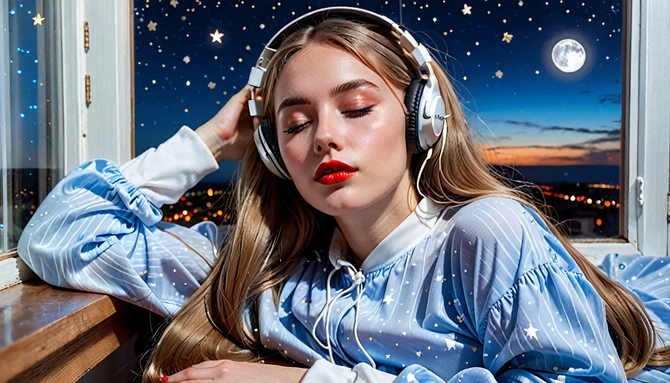 lofi style young pretty woman, daydreaming, wearing oversized very long sport blouse with long sleaves, high cotton white socks, headphones on, long light brown hair, big light blue eyes, hot red lipstick, eyes closed, she is laying on the bead by the window at night, the sky outside is little clouded and full of stars and the moon