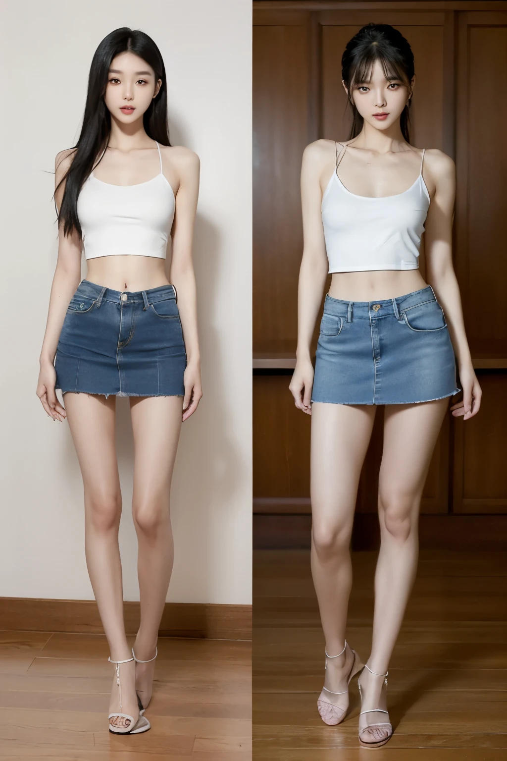 (8k、Raw photo、最high quality、masterpiece:1.2),(Realistic、Photorealistic:1.37),((((Both of them stand with their legs apart)))),(((Both of them have an inseam that is more than half their height.))),((Bare legs)),((Both of them are extremely slim)),((They both have super slim legs)),((Both are 173cm tall)),((They are both the same height)),((Two beauties with perfect supermodel style: 1.2)), Super thin waist: 1.2, Thin buttocks,Open the navel,完璧なSuper thin thighs: 1.2),(((Both of them have amazingly slim figures.))),((Denim micro mini skirt)),((Both are 18 years old)),Erect nipples, Highly detailed face and skin texture,Symmetrical face, Beautiful Eyes, Beautiful Face,balanced eyes, Fair Asian Skin, Ultra-Realistic Details,((Slender Asian Girl)),((K-Pop Idols)), Natural Shadows,(((((Both of them take full body shots: 1.8))))),(Very small hips),Large firm breasts, Super long thighs,(Super thin thighs),(Super slim calves),((Small Ass)),Super muscular body,Super toned waist,More emphasis on the abdominal muscles,((Both of them have super-strong abs)),Super thin waist,((White high heels)),(((Both of them are extremely exposed.))),lengthen limbs,(((Standing in front of a stylish upscale restaurant:1.3))),(White short mini camisole),Hands on hips,Both of them face forward,(((Both of you should face your whole body straight ahead.))),Super long arms,Thin hands,(Long black hair),((Both of them stand up straight.)),(Keep your hips facing forward),Both of them are beautiful with 8-head body proportions.,Very thin ankles,The arms are very slender and muscular,The legs are super slender and muscular,Make your arms thinner,Super slim and muscular legs,Both of them have super long legs.,The middle of the thighs are very thin,Super muscular and extremely slim calves,Super muscular and slim thighs,Very tight waist,(Both of them have an inseam that is more than half their height.の美脚),Extremely thin thighs,Fine skin,Firm skin,(((Both of them should fit from the top of their heads to the toes of their heels.))),(((Both of them have super slim legs))),Both of them have super slim and muscular legs.,((Sunny afternoon:1.3)),Midsummer,((Low - Angle)), (((Wide open abdomen))),Super detailed, High detail, high quality, Awards,High resolution, ((Anatomically correct))