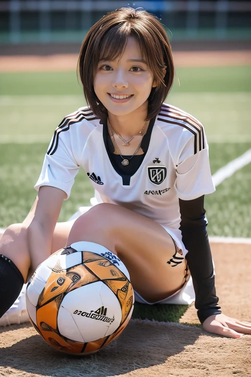 (An 18-year-old woman practicing soccer on a soccer field:1.5)、(Gentle smile:1.2)、(The best quality at its best:1.4), (Super detailed), (Very detailed CG unified 16k), Beautiful woman with perfect figure: 1.4, Sharp focus: 1.2, Very detailed, High-quality RAW color photos, Professional photography, Great face and eyes, cosmetics, (Amazingly beautiful girl), ((Soccer uniforms:1.5)), Sexy posture，(View from below), Realistic movie faces, Full body long view from head to toe, Realistic, ((Realistic natural orange red hairstyle, Realistic blue eyes)), ( Short Bob Hair:1.5), (necklace:1.5)、, Very beautiful face, Perfect model beauty, Mouth swelling, Highly detailed face and skin texture, Fine grain, double eyelid, Medium chest, smile, (masterpiece), highest quality, High resolution, Very detailed, Blurred Background, Depth of written boundary, Cinema Lighting, Great legs, , Clear, well-maintained skin,